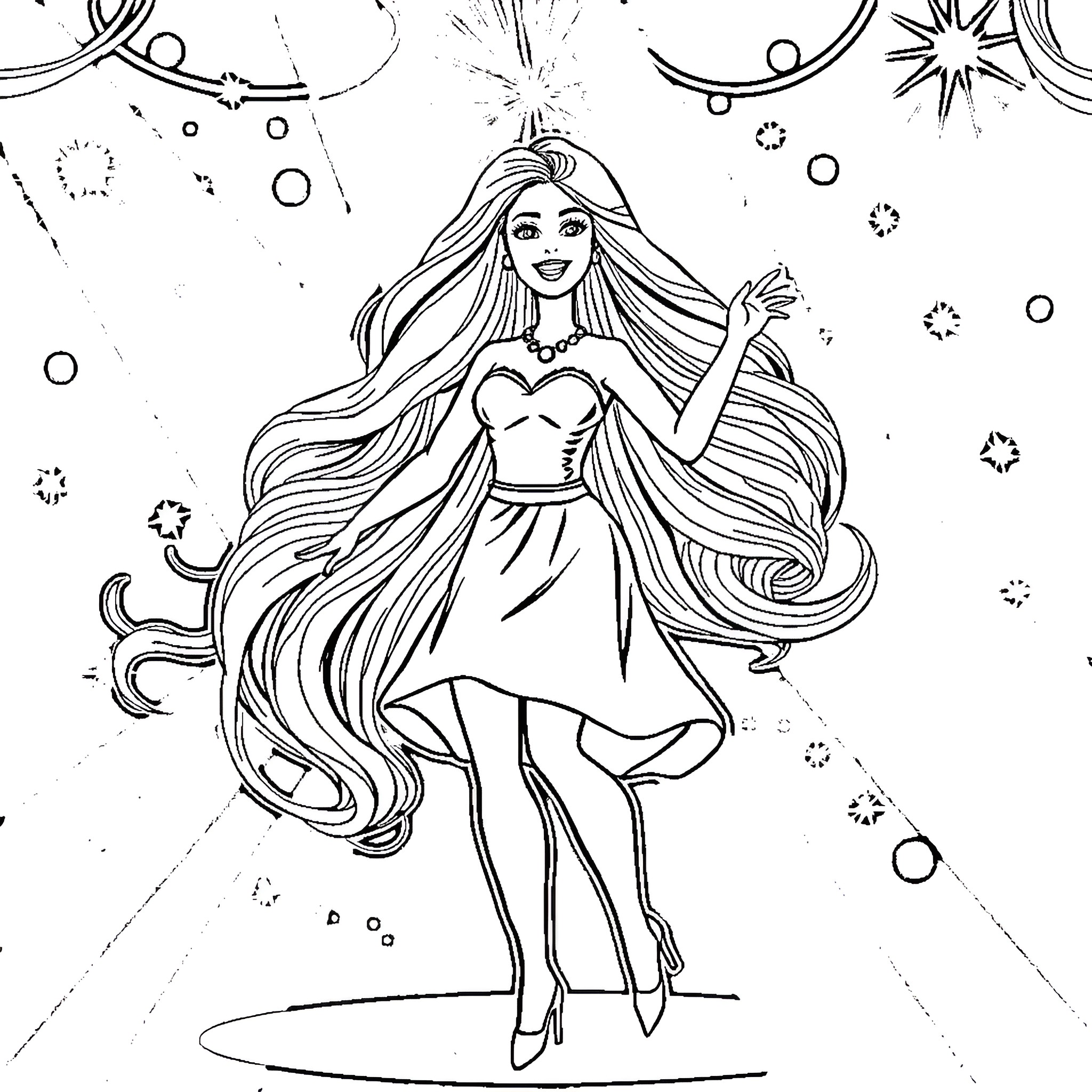 Barbie's Magical Sparkle and Shine Coloring Page (free black-and-white line drawing printable PDF for all, from beginners to advanced learners, including children, teens, adults, and seniors)