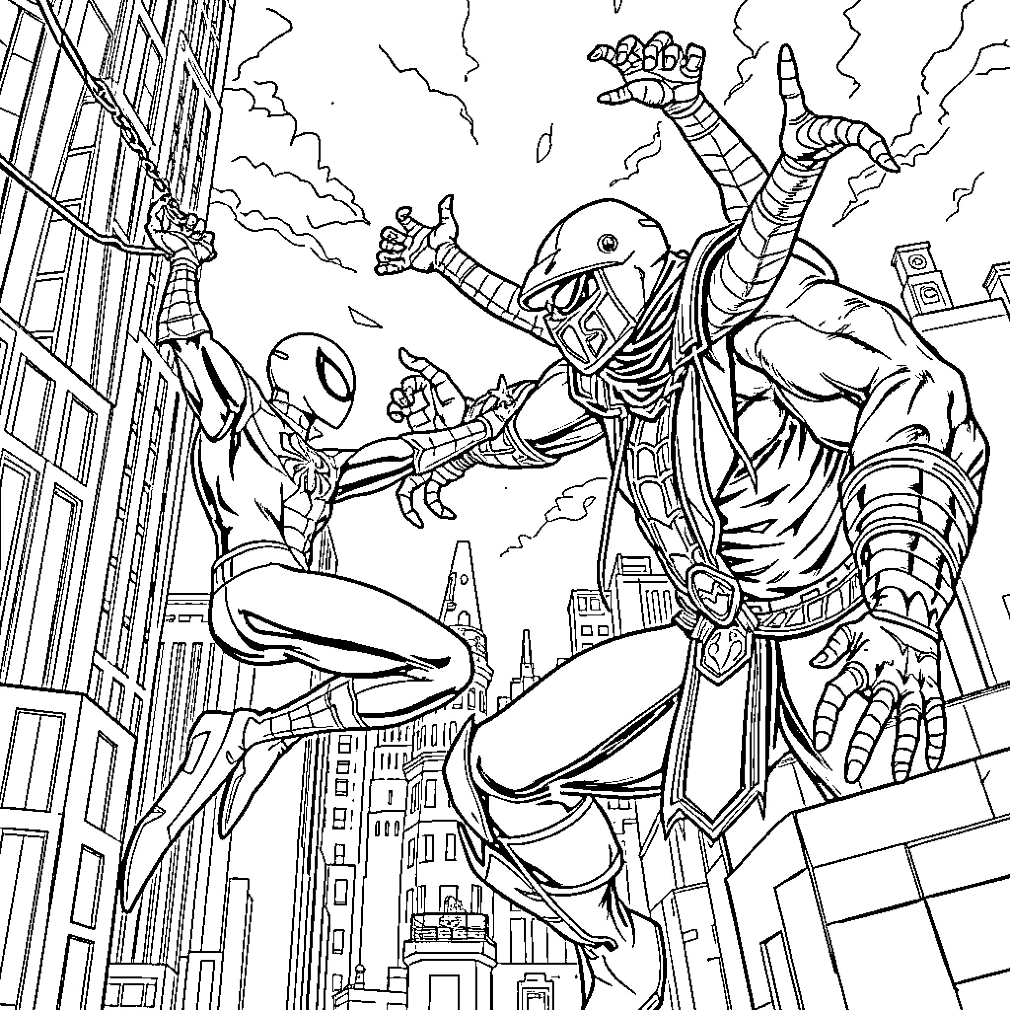 Spiderman battles a formidable foe in the city Coloring Page (free black-and-white line drawing printable PDF for all, from beginners to advanced learners, including children, teens, adults, and seniors)