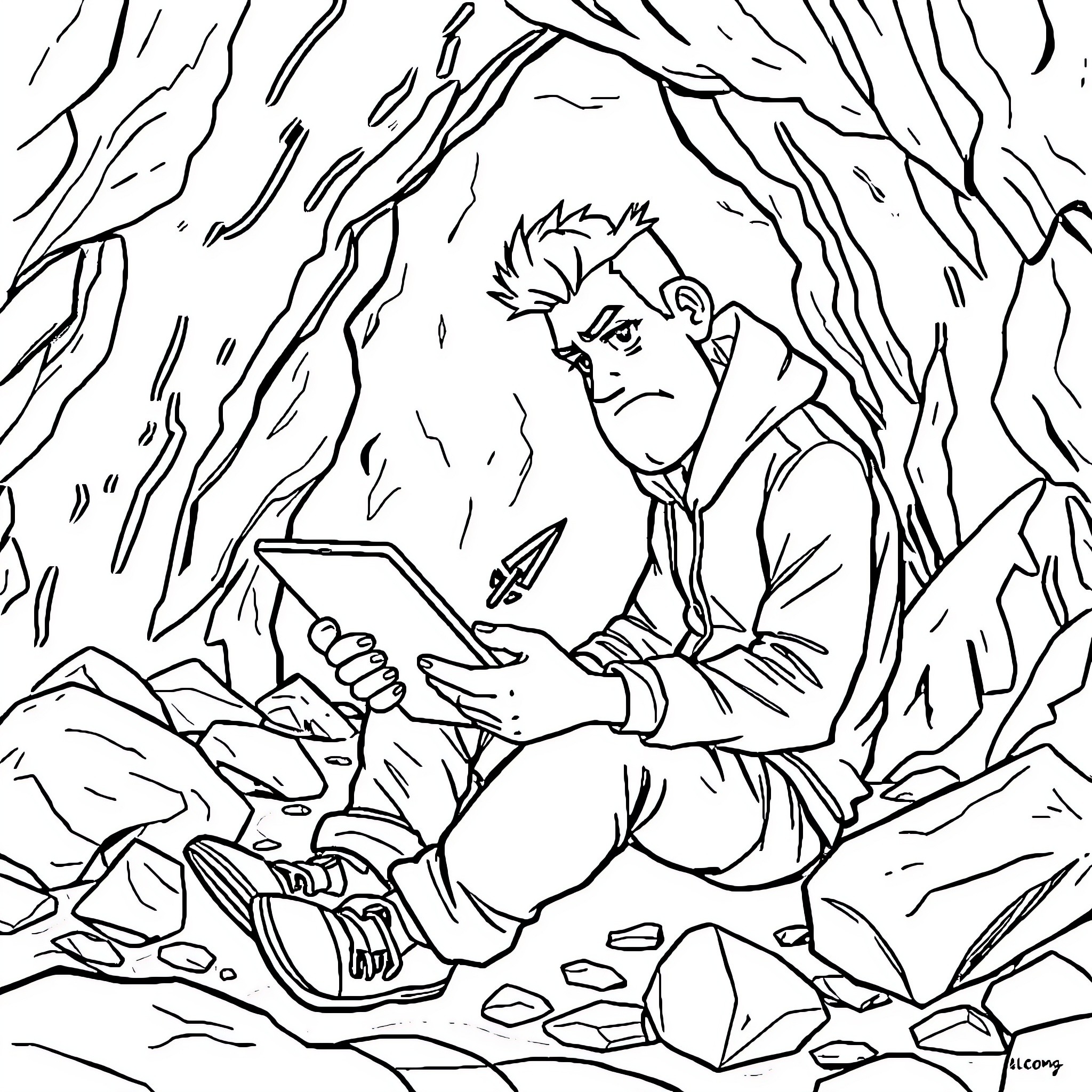 IT Guy Navigating Through Challenging Terrain with Technological Device Coloring Page (free black-and-white line drawing printable PDF for all, from beginners to advanced learners, including children, teens, adults, and seniors)