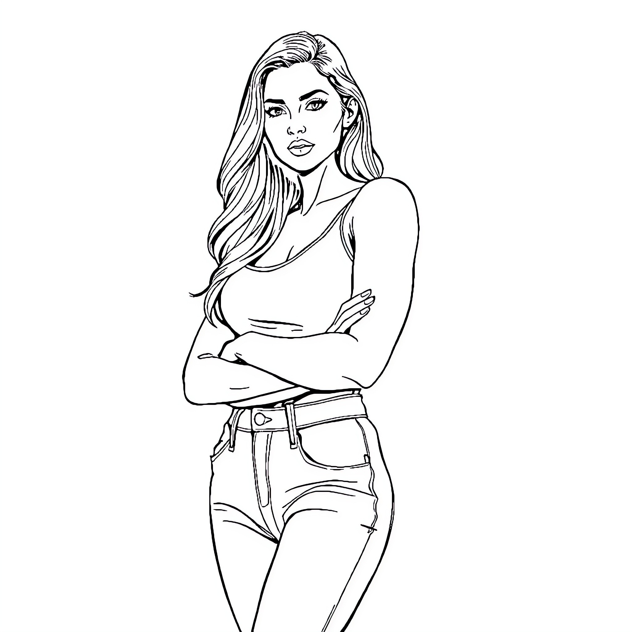 Woman in thoughtful pose with long hair Coloring Page (free black-and-white line drawing printable PDF for all, from beginners to advanced learners, including children, teens, adults, and seniors)
