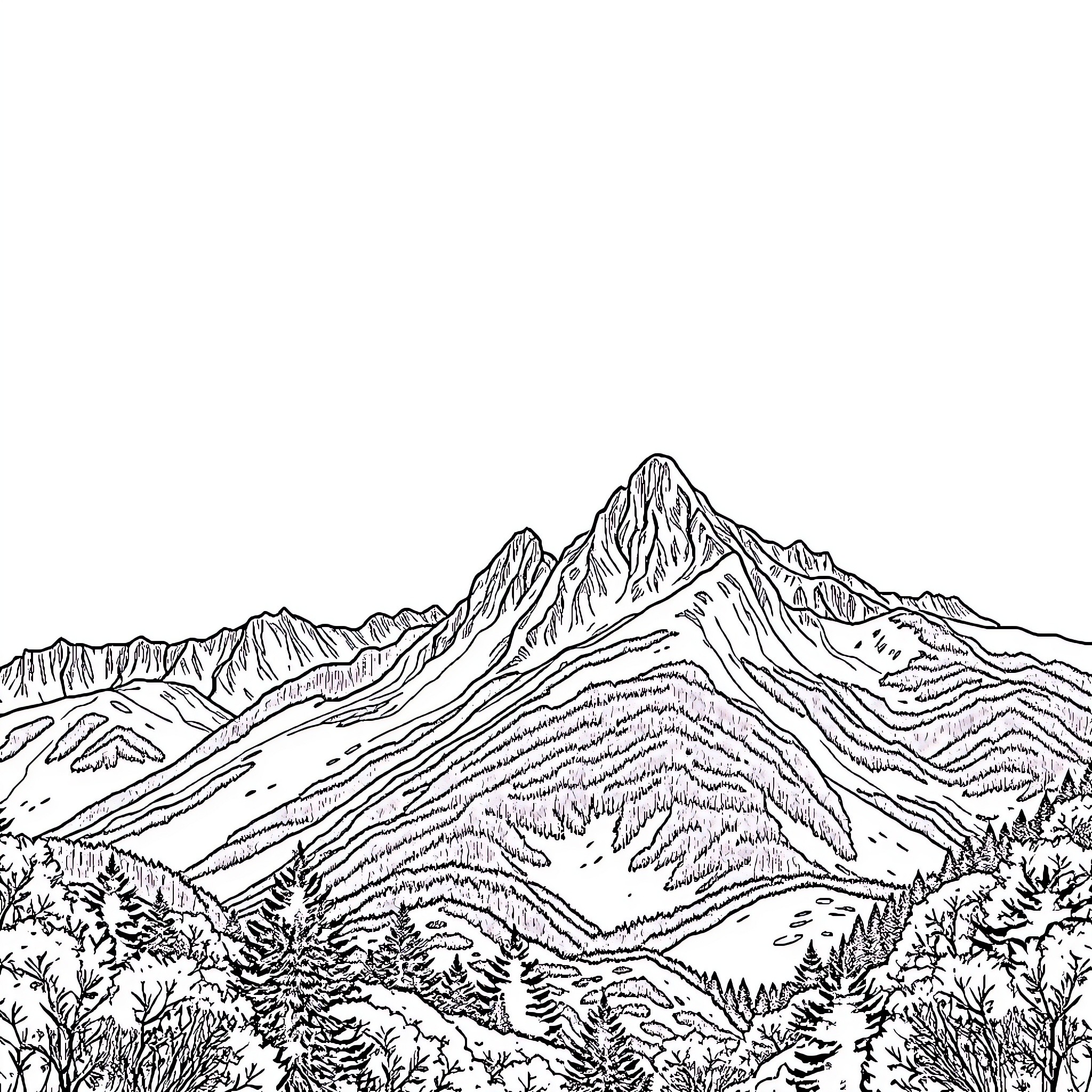 Landscape of majestic mountain peaks and dense forests Coloring Page (free black-and-white line drawing printable PDF for all, from beginners to advanced learners, including children, teens, adults, and seniors)