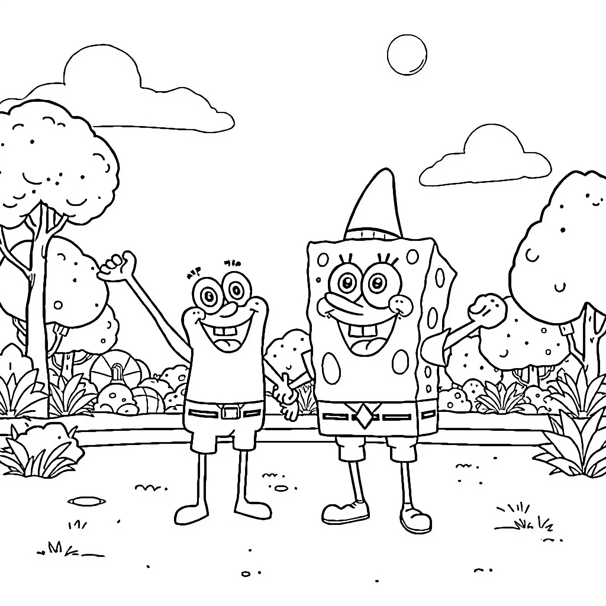 Bluey and friends explore the enchanting outdoor world Coloring Page (free black-and-white line drawing printable PDF for all, from beginners to advanced learners, including children, teens, adults, and seniors)
