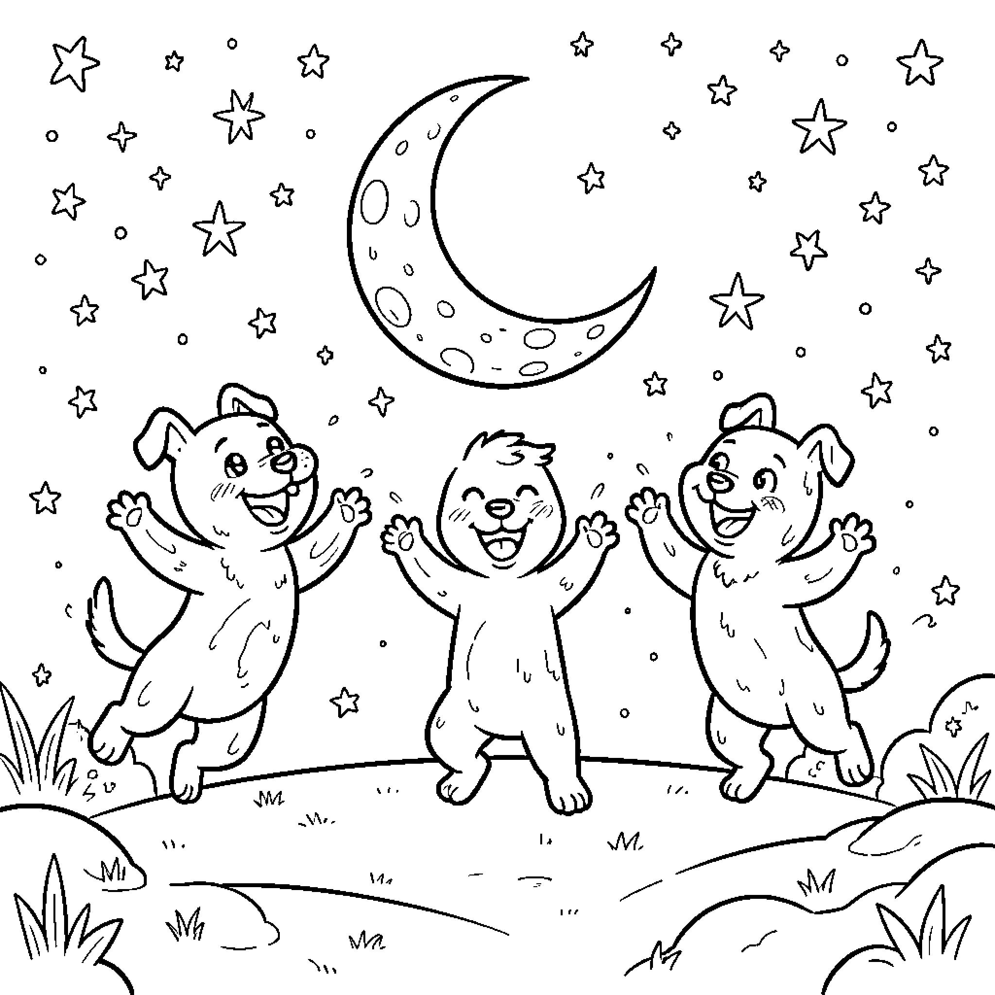 Perro Salchicha playing joyfully under the crescent moon Coloring Page (free black-and-white line drawing printable PDF for all, from beginners to advanced learners, including children, teens, adults, and seniors)