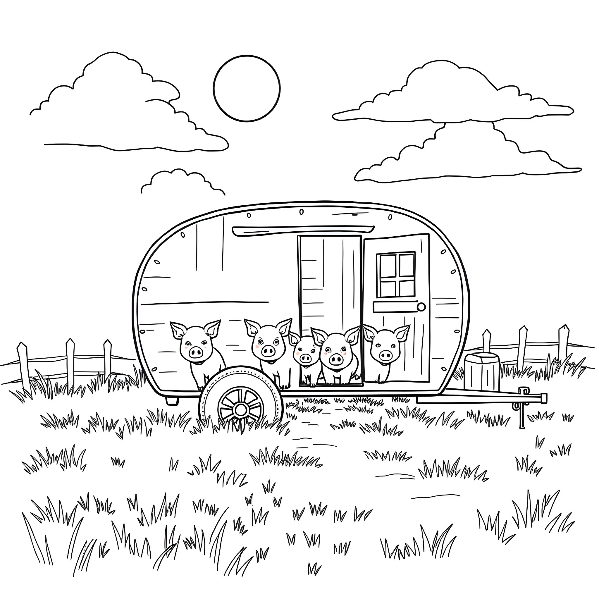 Pigs peering out from a barn in the countryside Coloring Page (free black-and-white line drawing printable PDF for all, from beginners to advanced learners, including children, teens, adults, and seniors)