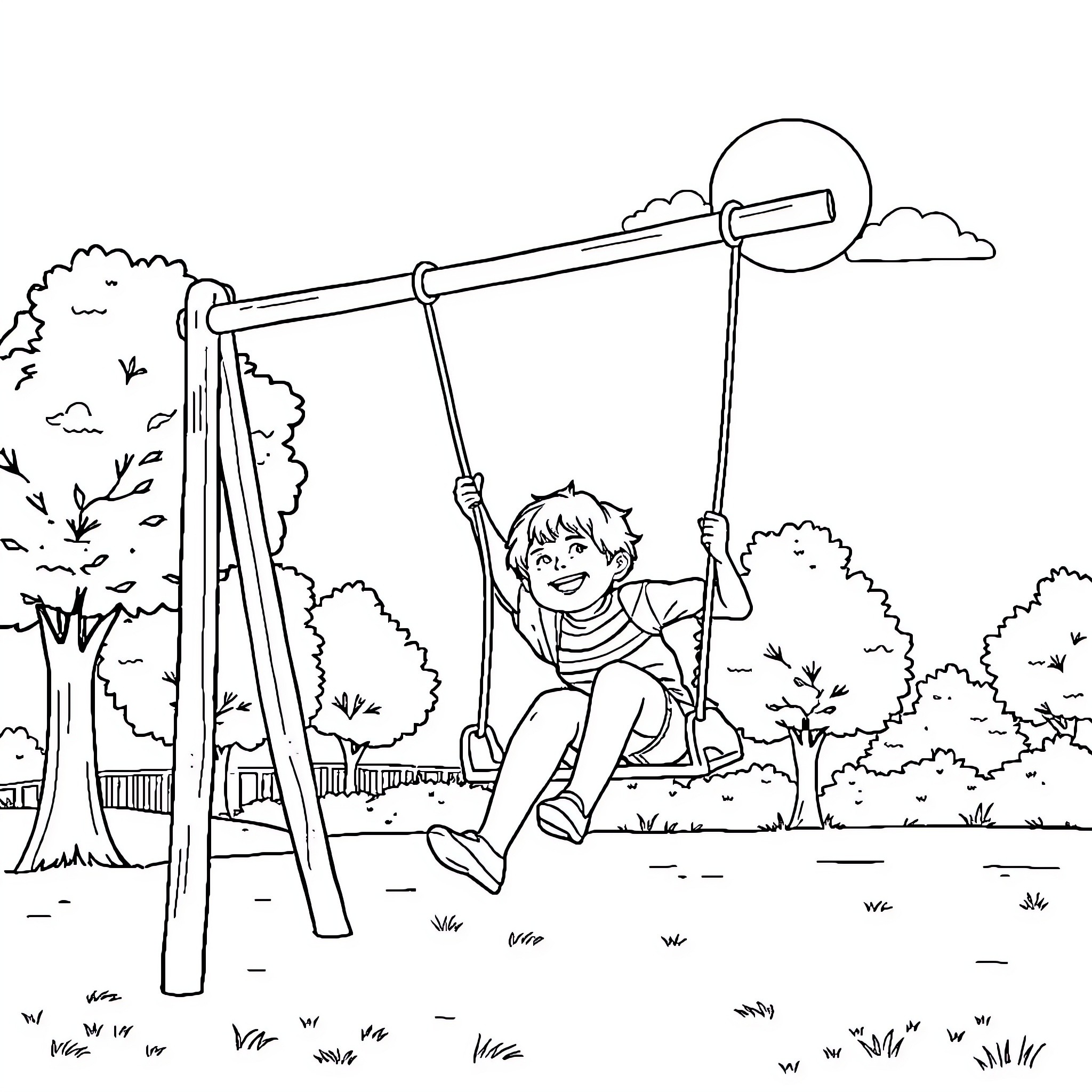 Kid swinging joyfully on playground Coloring Page (free black-and-white line drawing printable PDF for all, from beginners to advanced learners, including children, teens, adults, and seniors)
