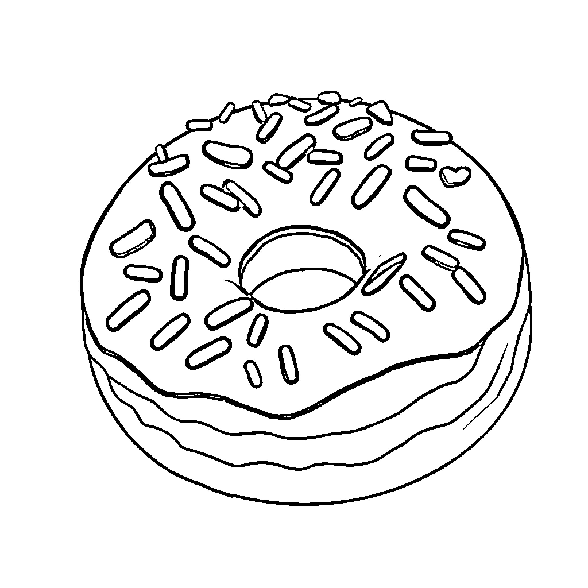 Doughnut with sprinkles and glaze Coloring Page (free black-and-white line drawing printable PDF for all, from beginners to advanced learners, including children, teens, adults, and seniors)