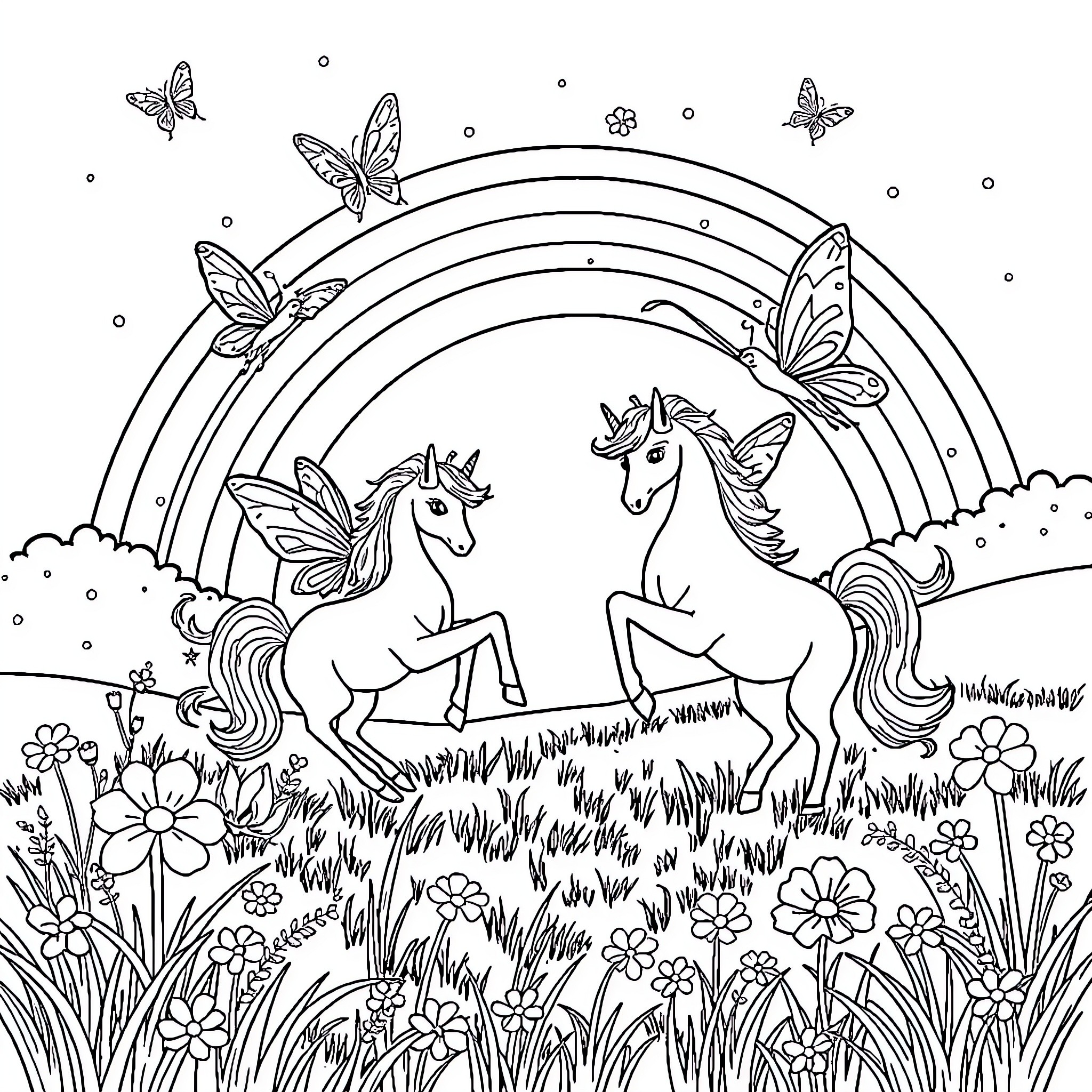 Fairy Unicorns frolicking in enchanted meadow Coloring Page (free black-and-white line drawing printable PDF for all, from beginners to advanced learners, including children, teens, adults, and seniors)
