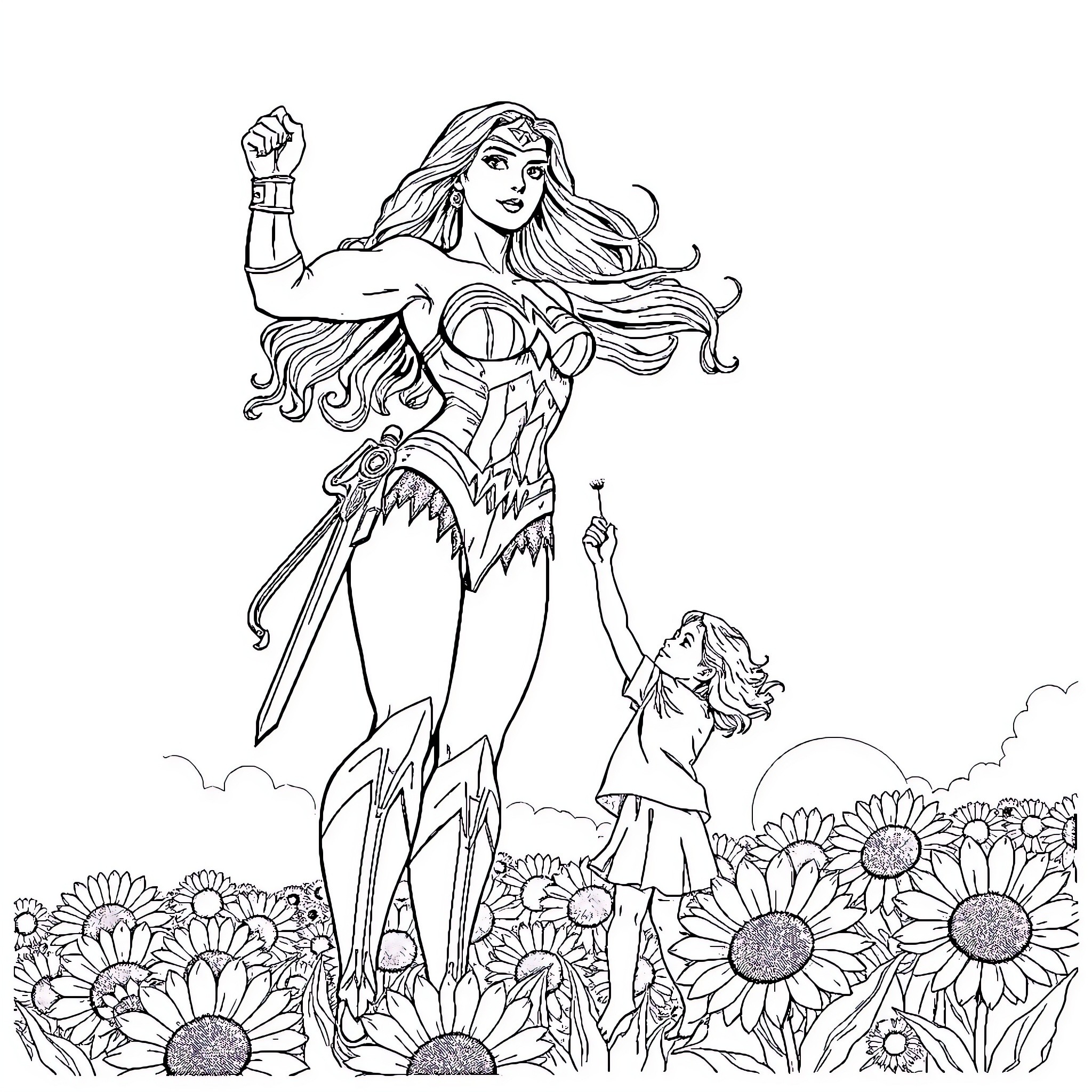 Wonder Woman battles heroically amidst sunflowers Coloring Page (free black-and-white line drawing printable PDF for all, from beginners to advanced learners, including children, teens, adults, and seniors)