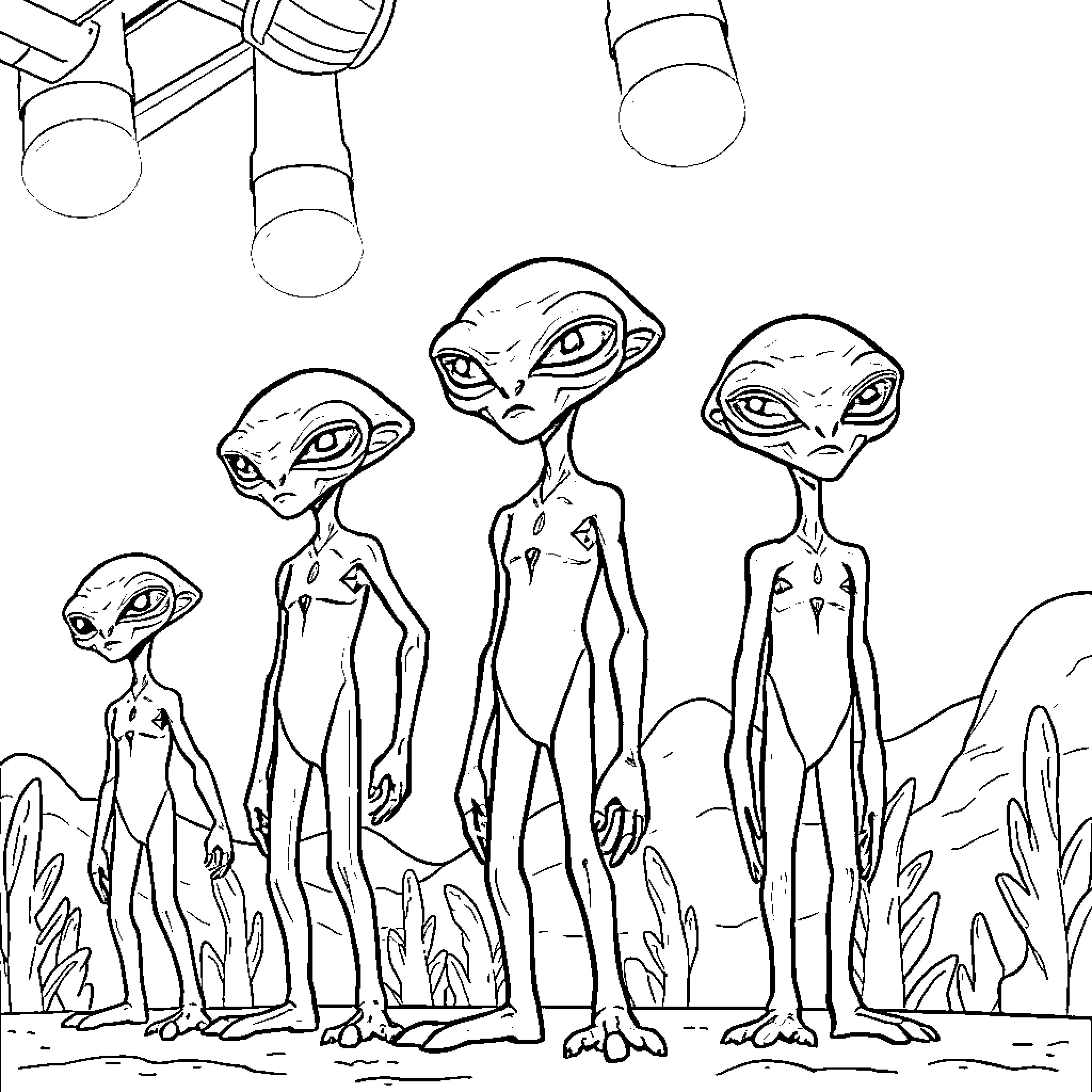 Alien figures with unique features observe surroundings Coloring Page (free black-and-white line drawing printable PDF for all, from beginners to advanced learners, including children, teens, adults, and seniors)