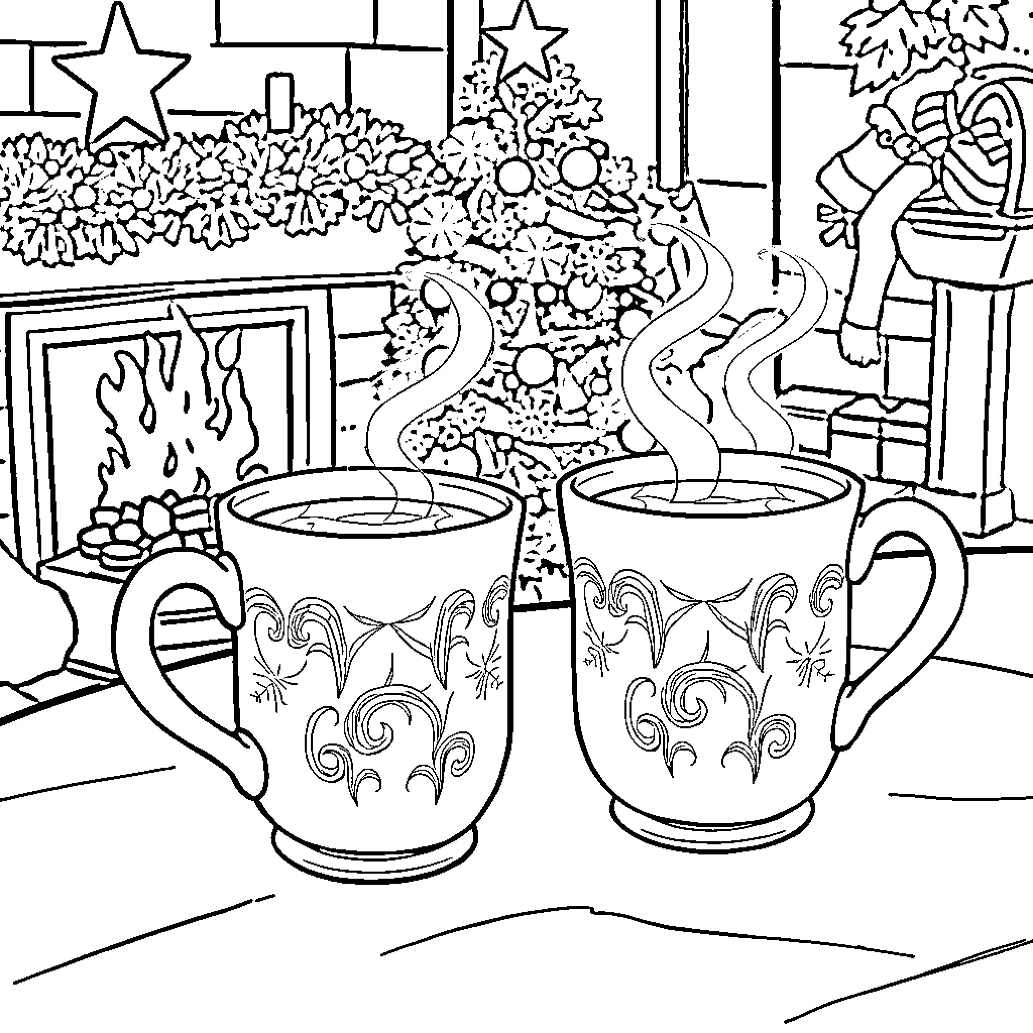 Hot Chocolate by the Fireplace on a Cozy Winter Day Coloring Page (free black-and-white line drawing printable PDF for all, from beginners to advanced learners, including children, teens, adults, and seniors)