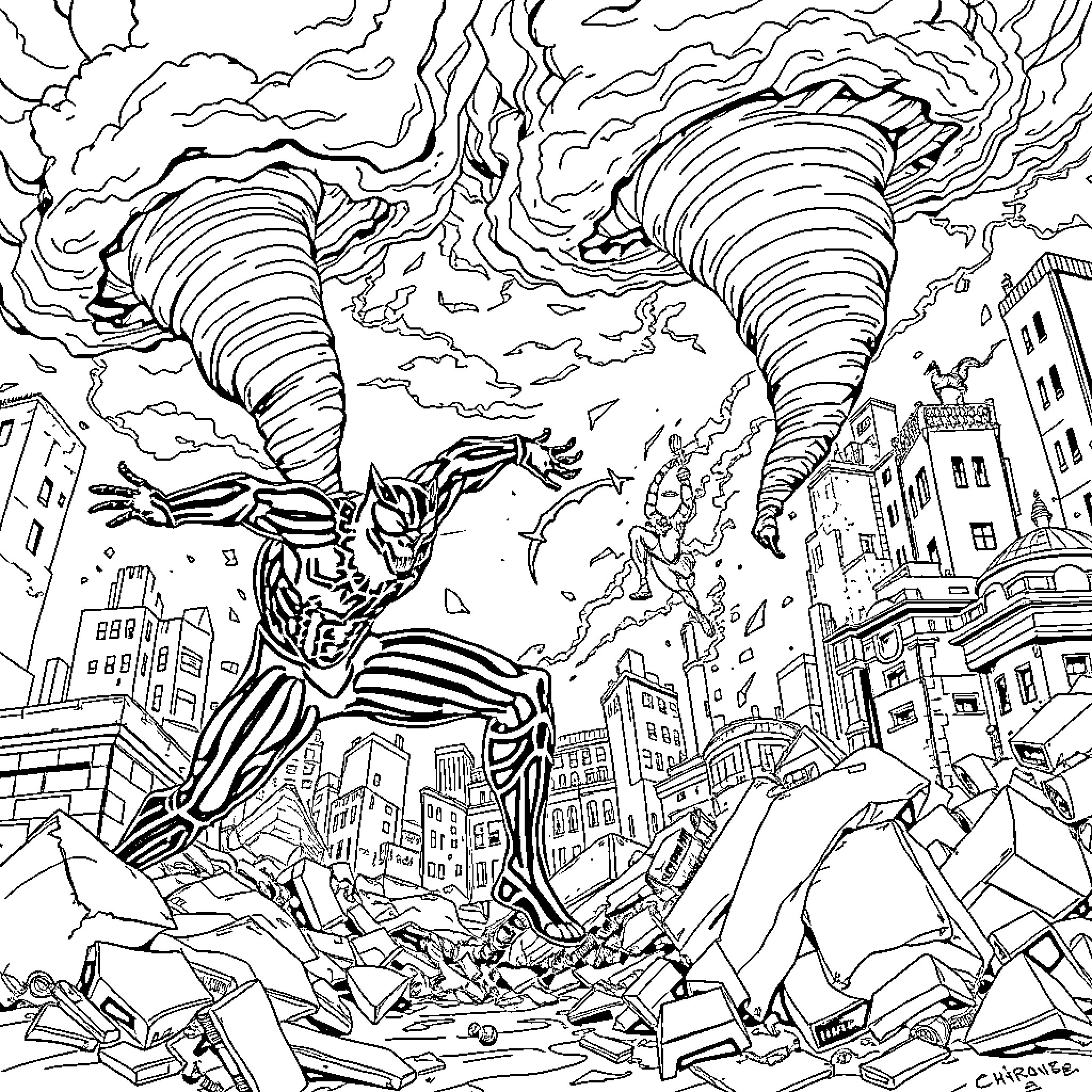 Panther battling gigantic tornadoes in the city Coloring Page (free black-and-white line drawing printable PDF for all, from beginners to advanced learners, including children, teens, adults, and seniors)