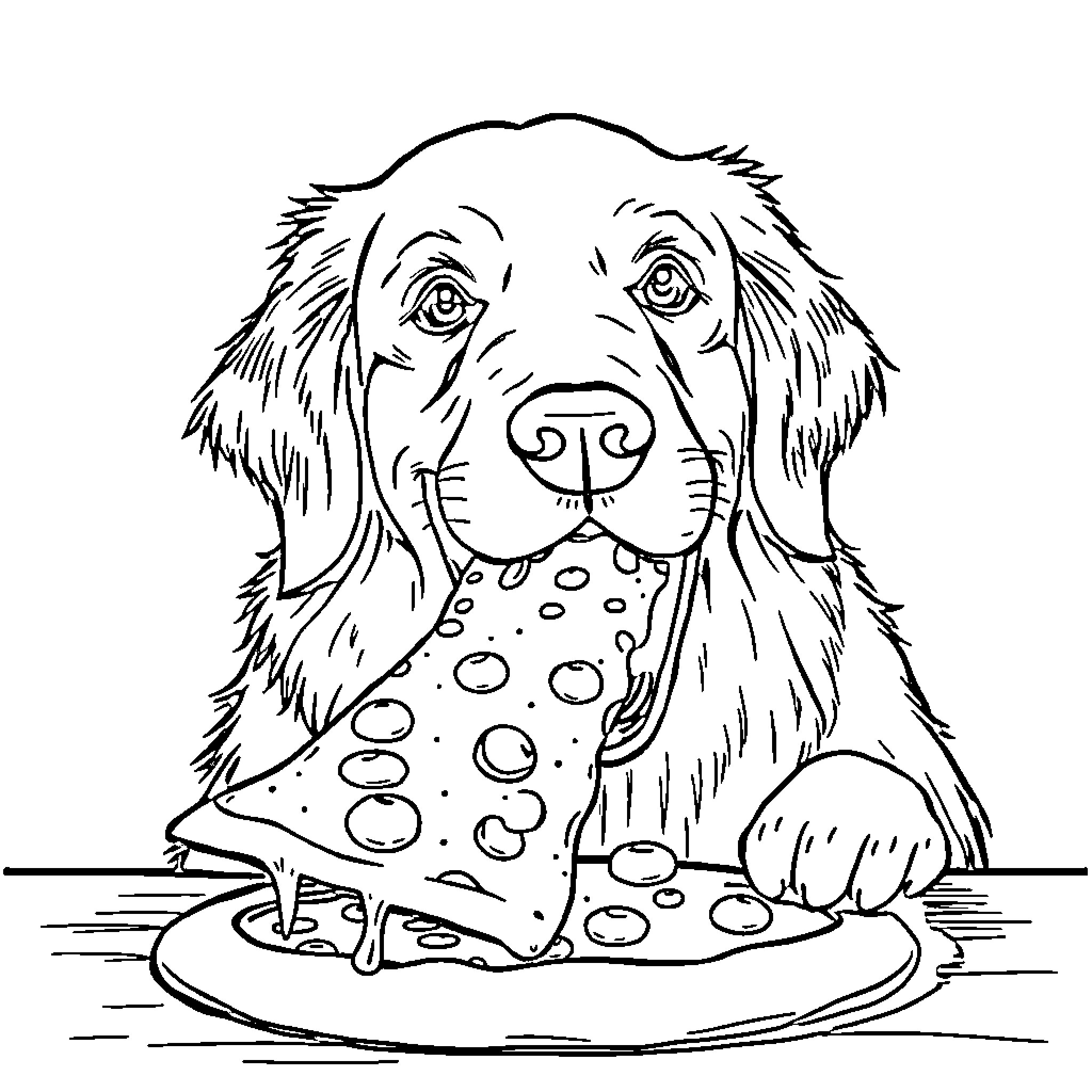 Golden Retriever enjoying a tasty pizza Coloring Page (free black-and-white line drawing printable PDF for all, from beginners to advanced learners, including children, teens, adults, and seniors)