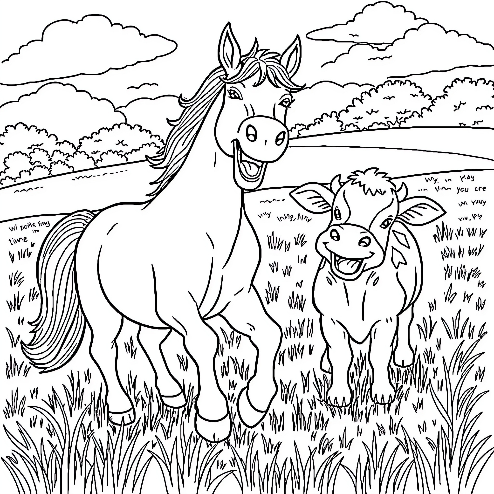 Horse friends playing in the field Coloring Page (free black-and-white line drawing printable PDF for all, from beginners to advanced learners, including children, teens, adults, and seniors)
