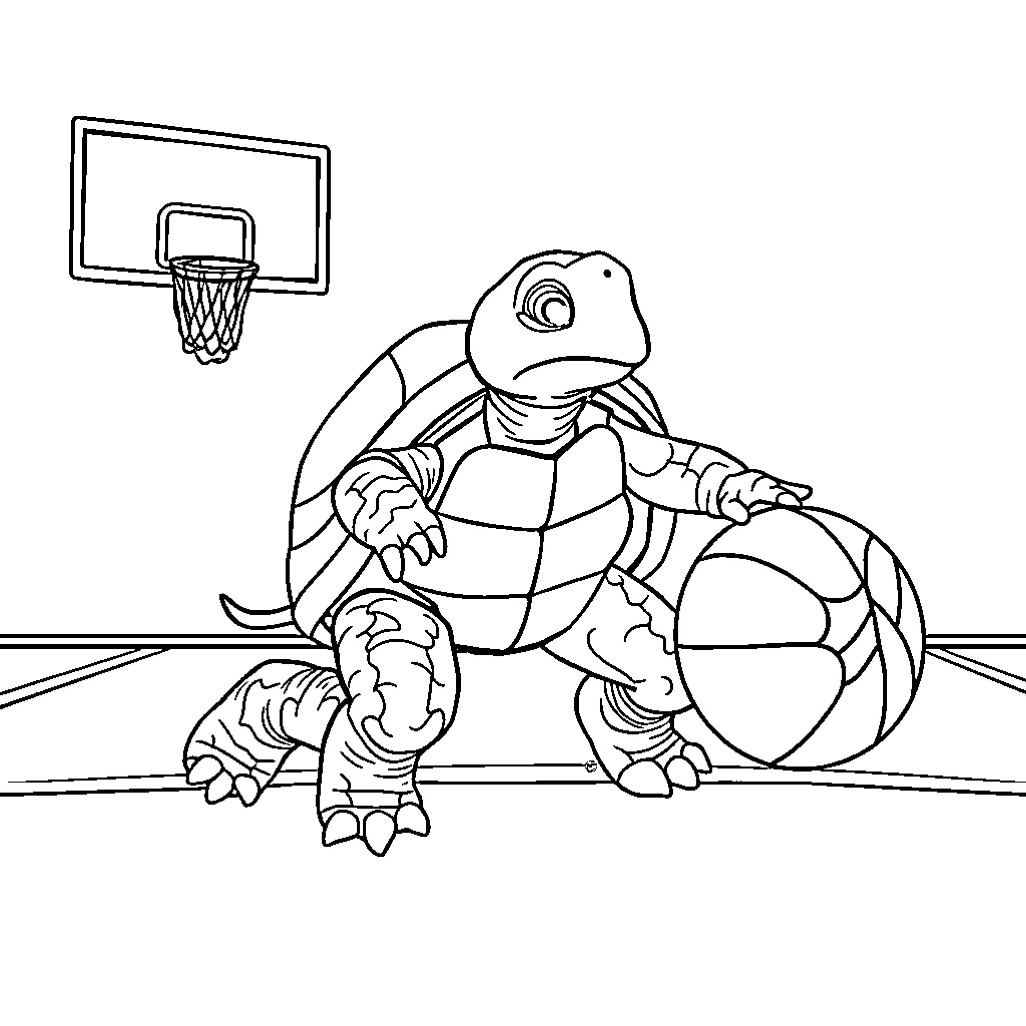 Turtle playing with basketball in the court Coloring Page (free black-and-white line drawing printable PDF for all, from beginners to advanced learners, including children, teens, adults, and seniors)