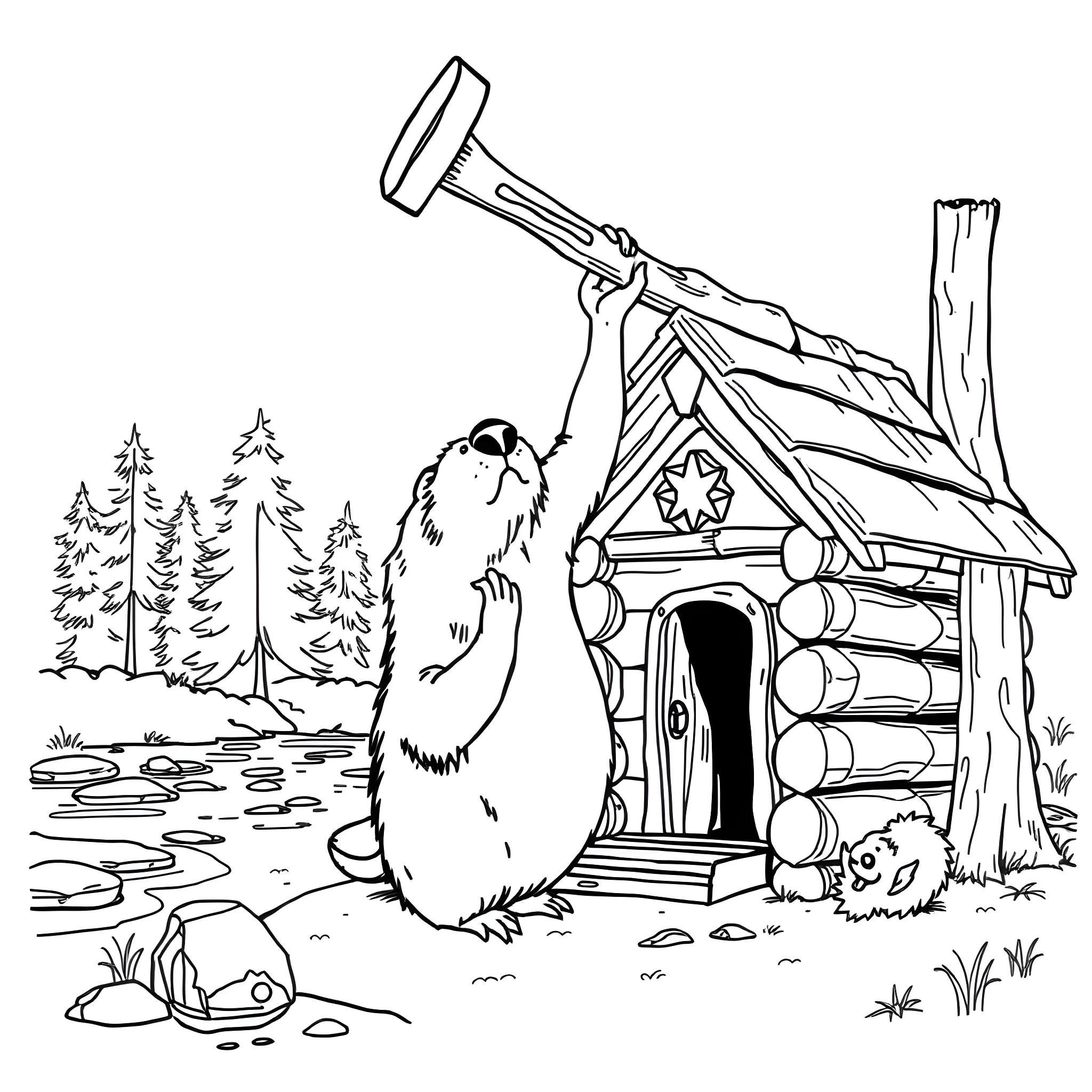 Beaver building a log cabin in the woods Coloring Page (free black-and-white line drawing printable PDF for all, from beginners to advanced learners, including children, teens, adults, and seniors)