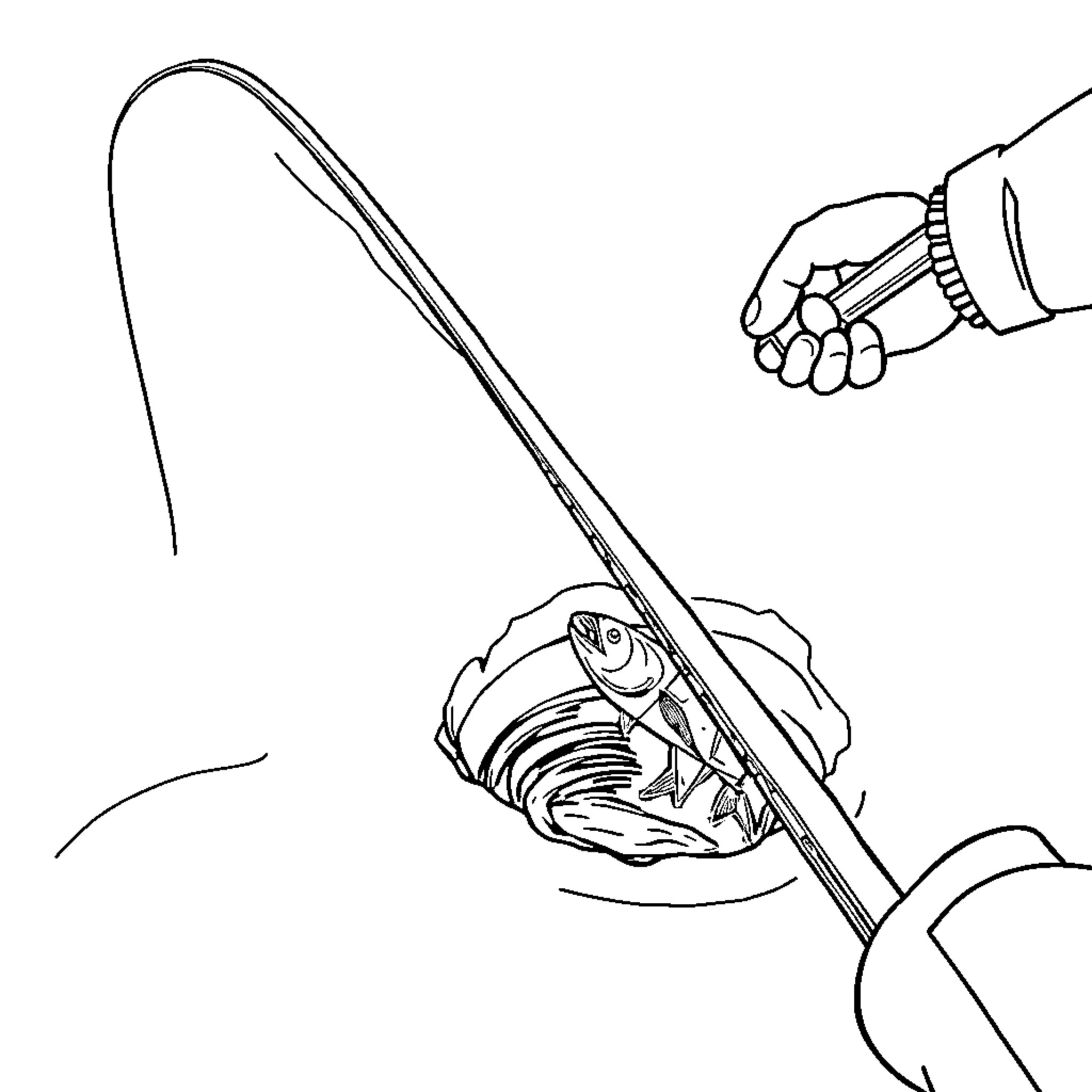 Fishing Rod Catching a Playful Fish Coloring Page (free black-and-white line drawing printable PDF for all, from beginners to advanced learners, including children, teens, adults, and seniors)