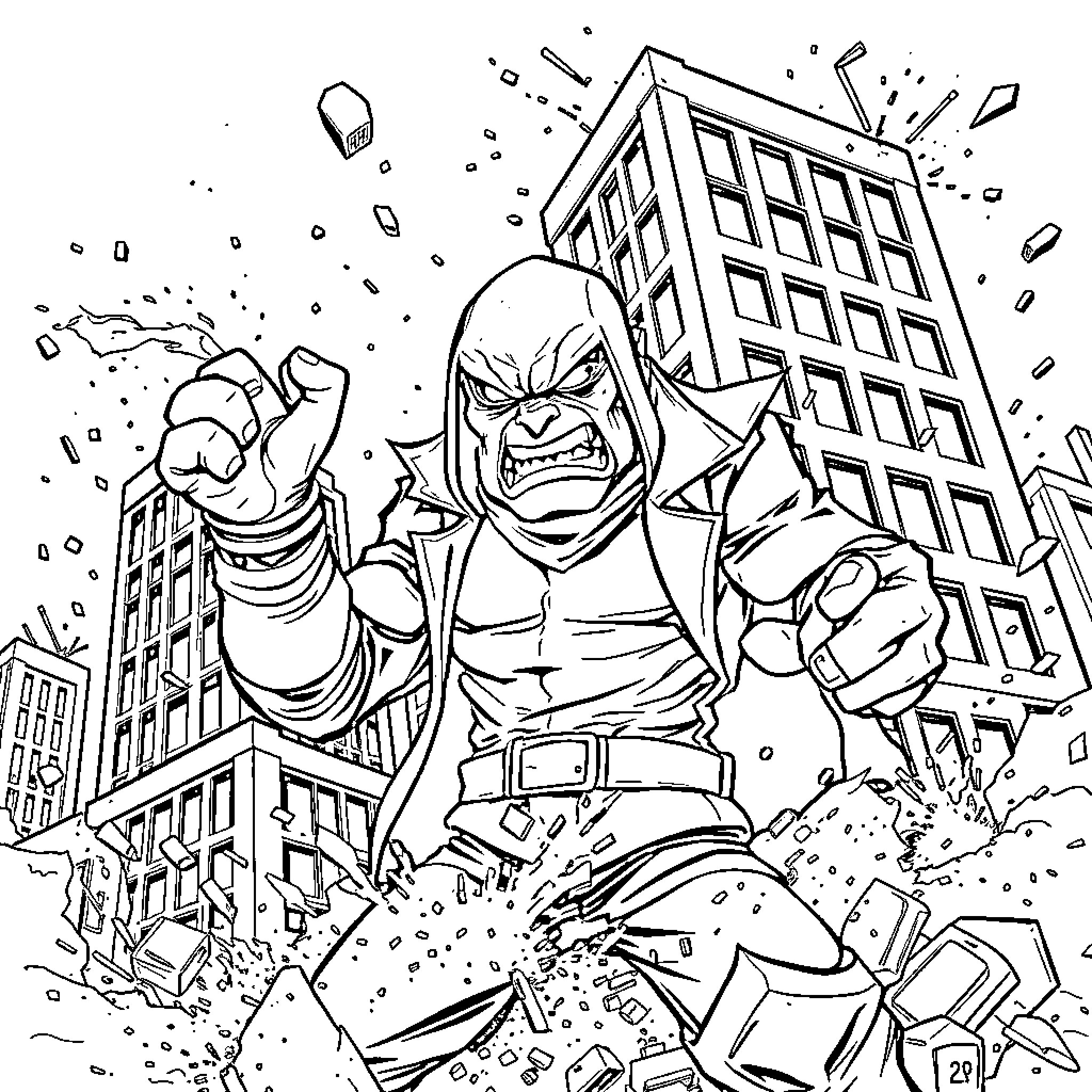 Cappuccino monster destroying the city Coloring Page (free black-and-white line drawing printable PDF for all, from beginners to advanced learners, including children, teens, adults, and seniors)