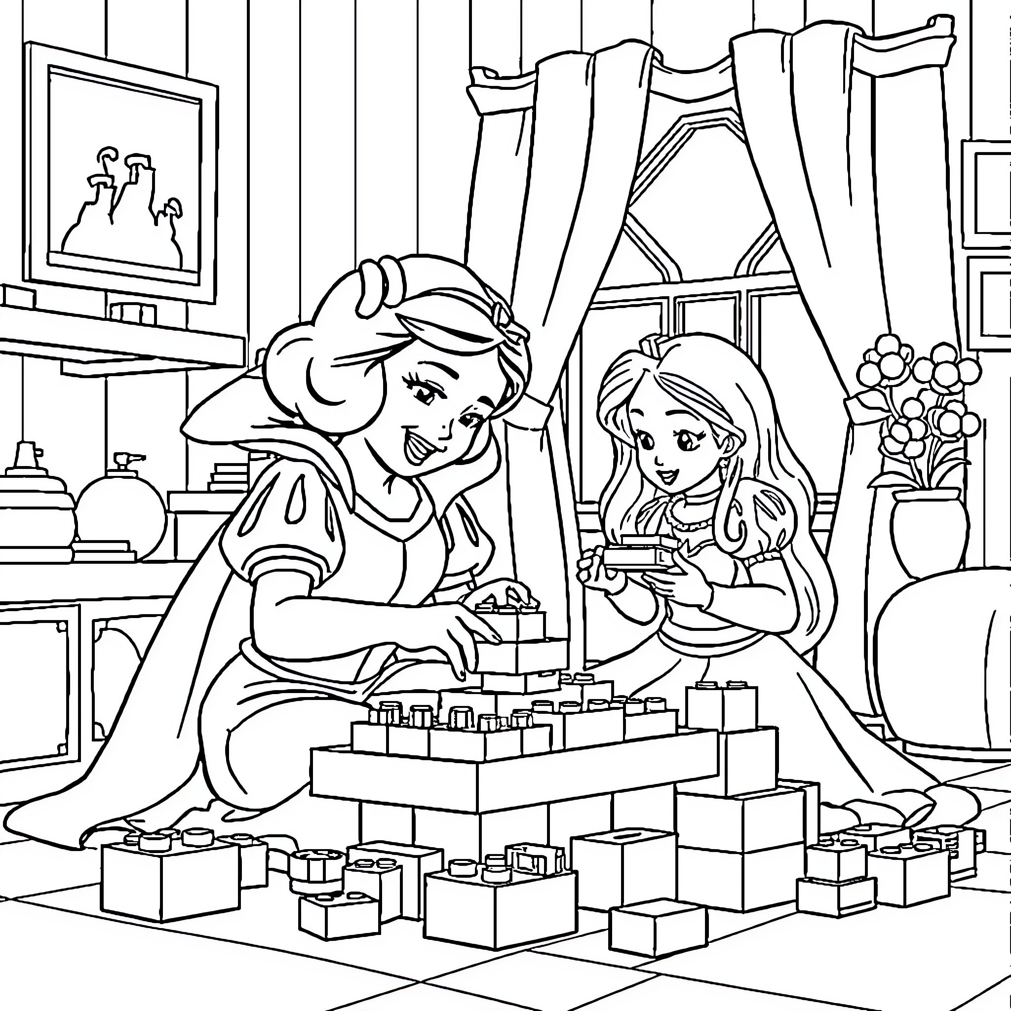 Snow White Playing with the Princess in the Room Coloring Page (free black-and-white line drawing printable PDF for all, from beginners to advanced learners, including children, teens, adults, and seniors)