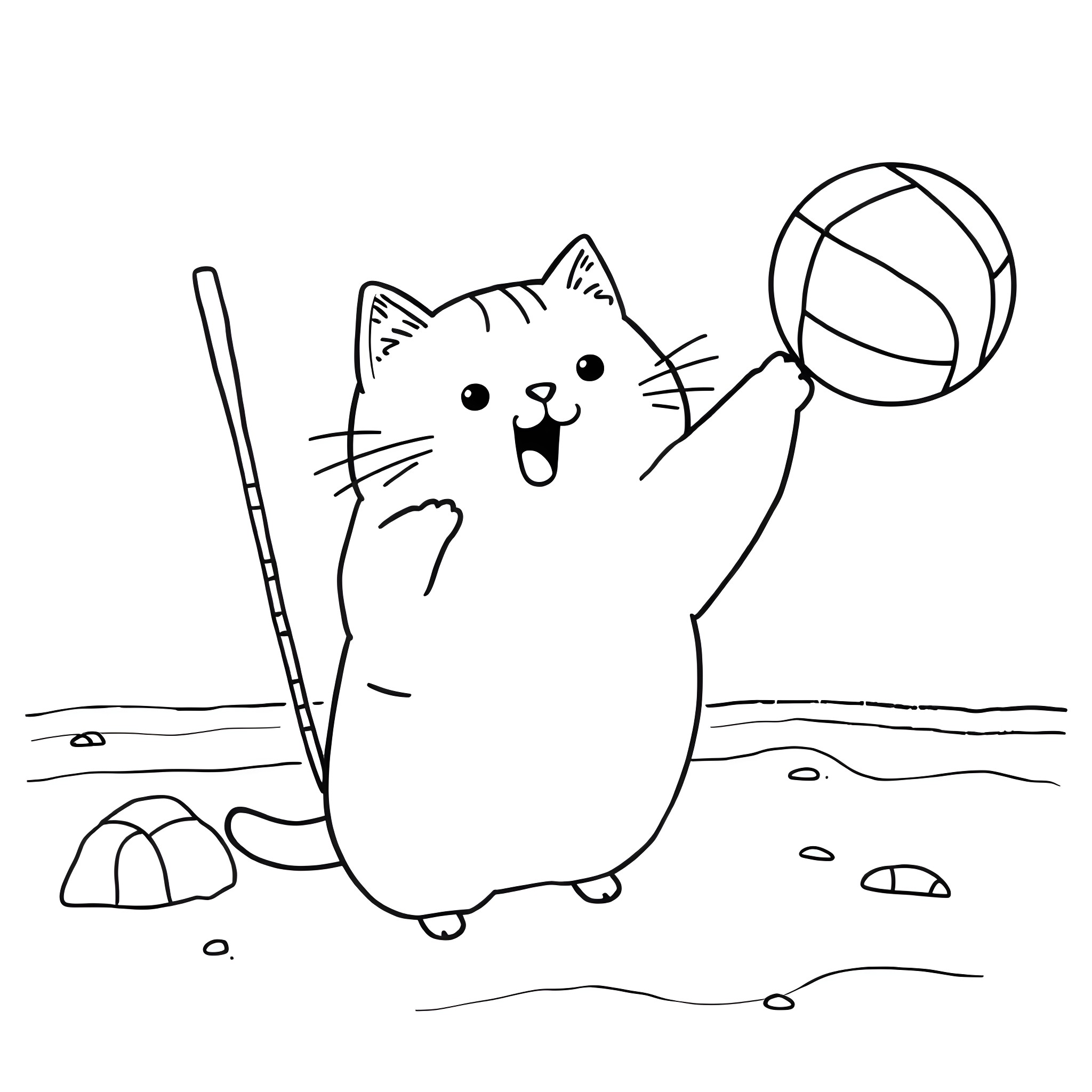 Pusheen playing happily with a ball Coloring Page (free black-and-white line drawing printable PDF for all, from beginners to advanced learners, including children, teens, adults, and seniors)