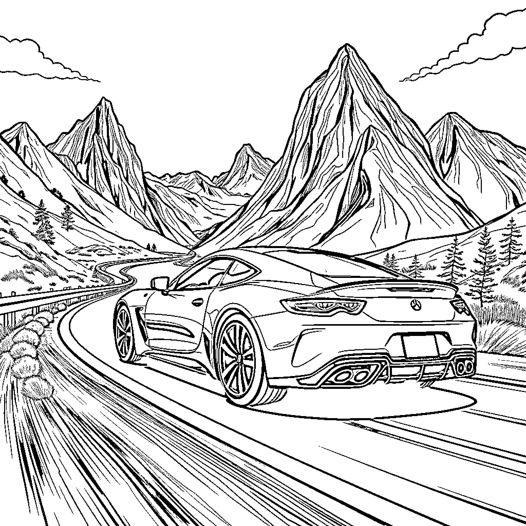 Car speeding through scenic mountain landscape Coloring Page (free black-and-white line drawing printable PDF for all, from beginners to advanced learners, including children, teens, adults, and seniors)