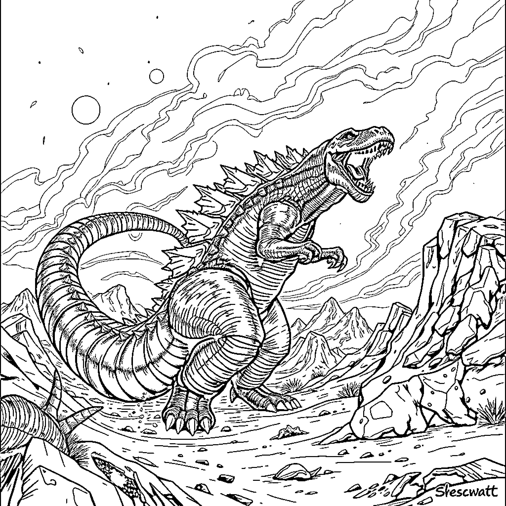 Godzilla Unleashing Devastation in the Wasteland Coloring Page (free black-and-white line drawing printable PDF for all, from beginners to advanced learners, including children, teens, adults, and seniors)