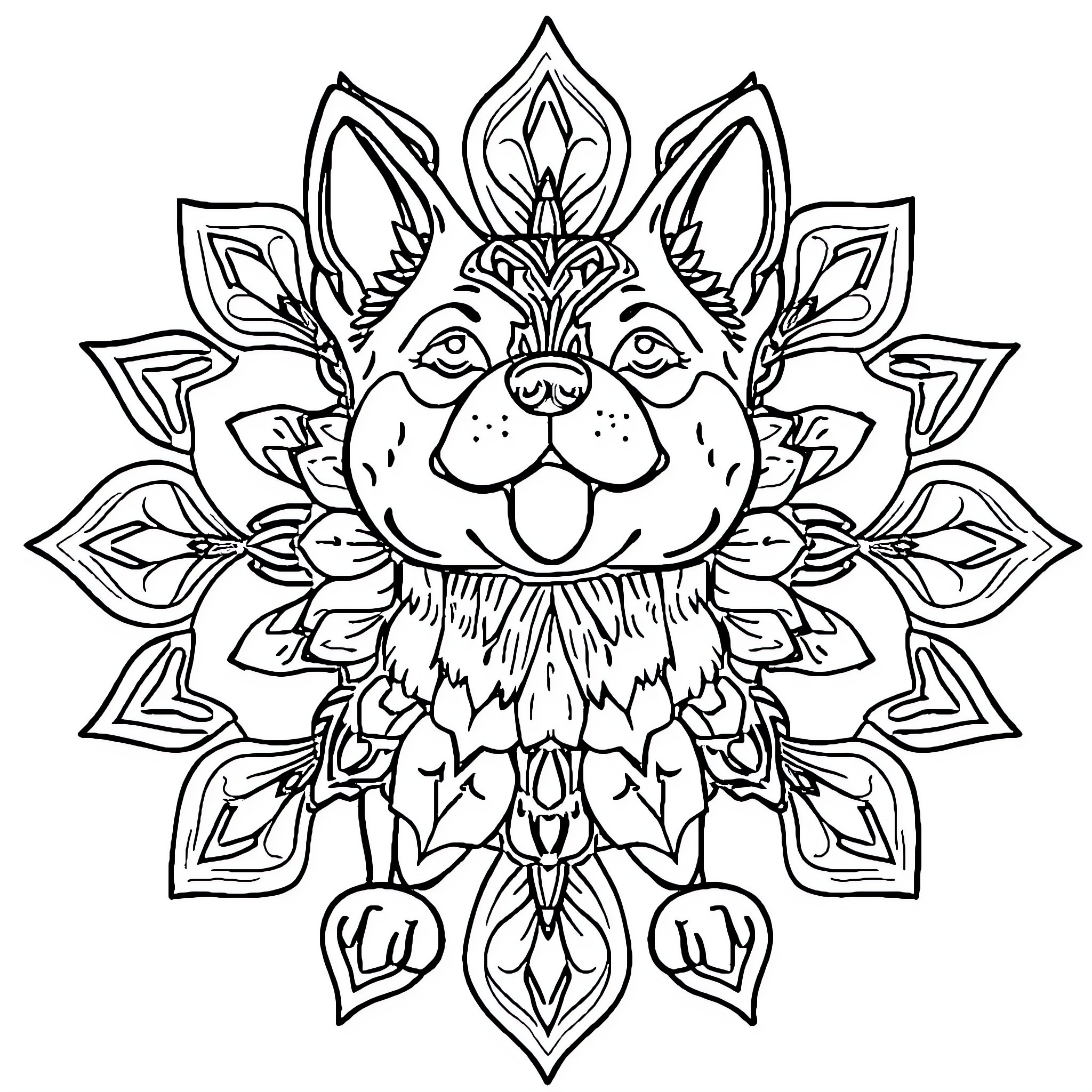 Dog in ornate floral mandala design Coloring Page (free black-and-white line drawing printable PDF for all, from beginners to advanced learners, including children, teens, adults, and seniors)