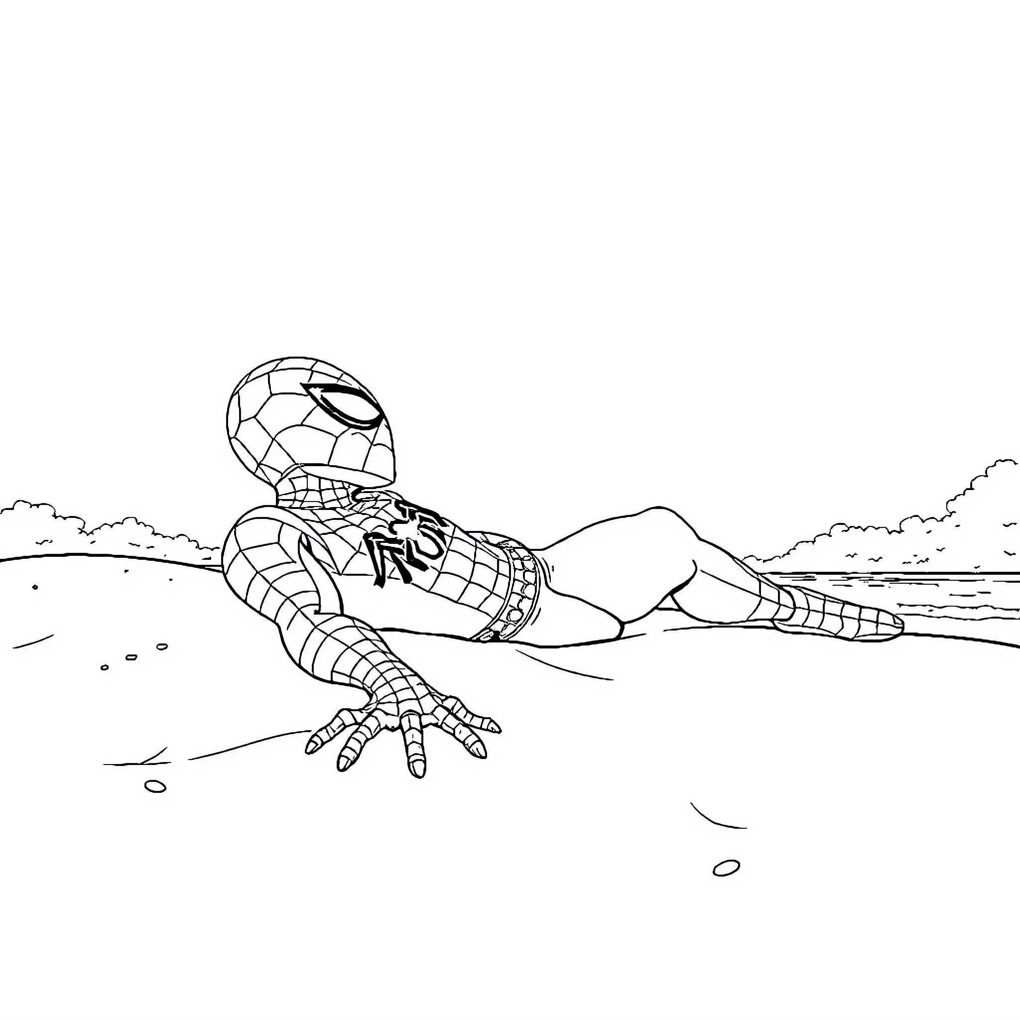Spiderman resting on the beach Coloring Page (free black-and-white line drawing printable PDF for all, from beginners to advanced learners, including children, teens, adults, and seniors)