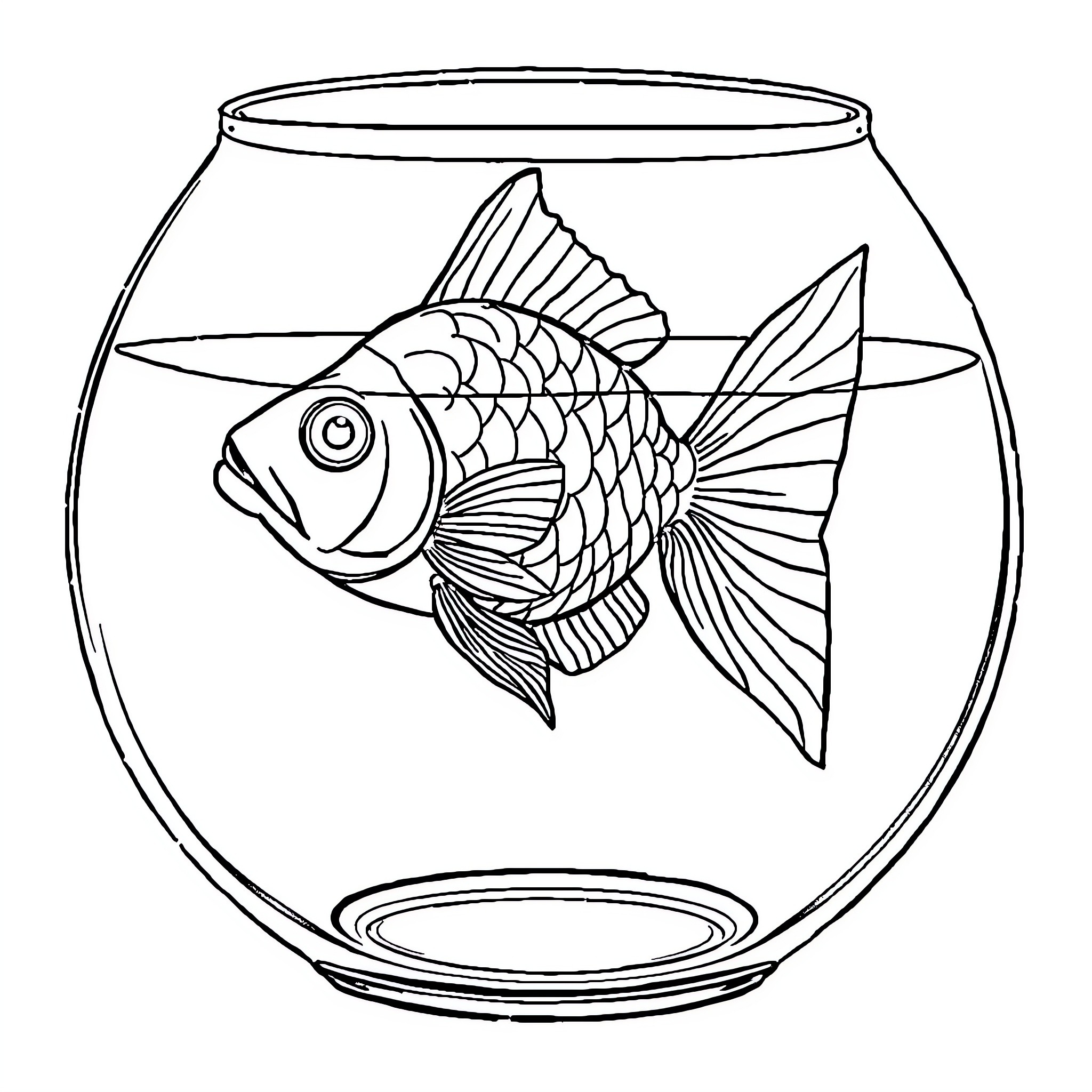 Fish swimming in a glass bowl Coloring Page (free black-and-white line drawing printable PDF for all, from beginners to advanced learners, including children, teens, adults, and seniors)