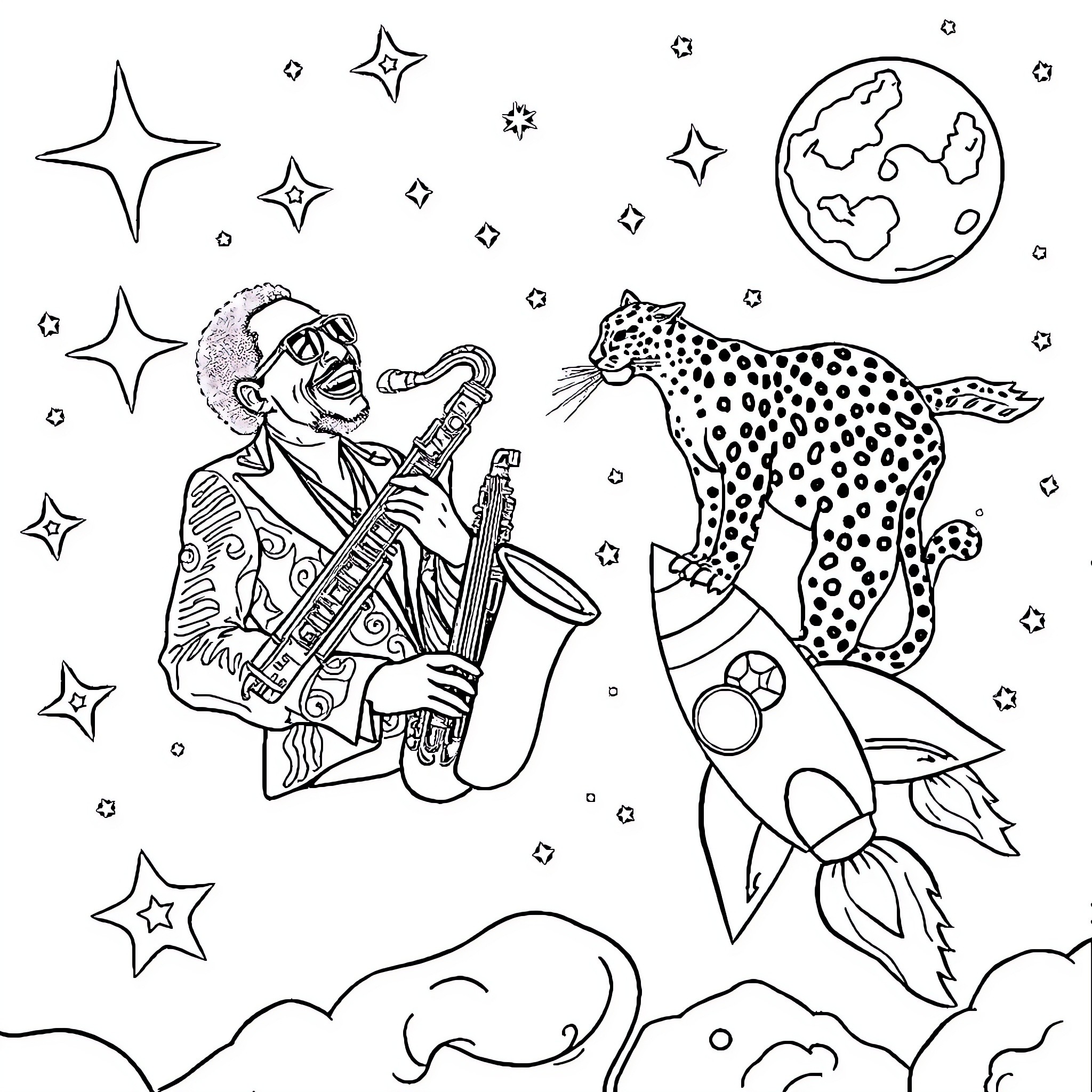 Stevie Wonder plays soulful music among cosmic wonders Coloring Page (free black-and-white line drawing printable PDF for all, from beginners to advanced learners, including children, teens, adults, and seniors)