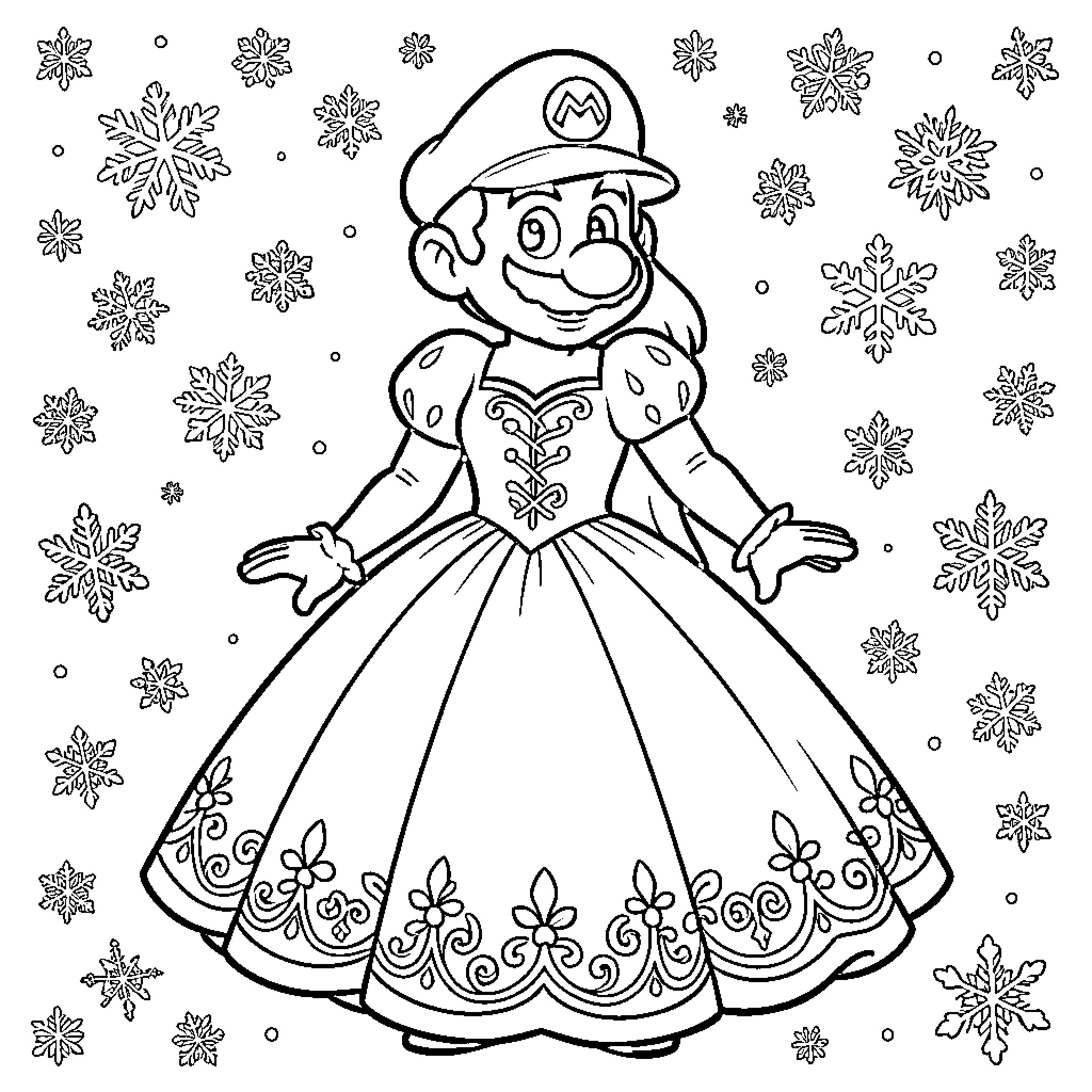 Queen Mario in Elegant Winter Dress Coloring Page (free black-and-white line drawing printable PDF for all, from beginners to advanced learners, including children, teens, adults, and seniors)