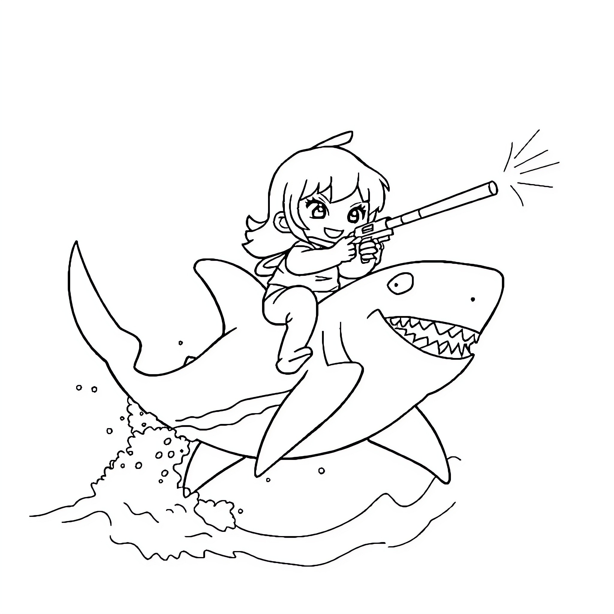 Kuromi riding a ferocious shark with a blaster Coloring Page (free black-and-white line drawing printable PDF for all, from beginners to advanced learners, including children, teens, adults, and seniors)