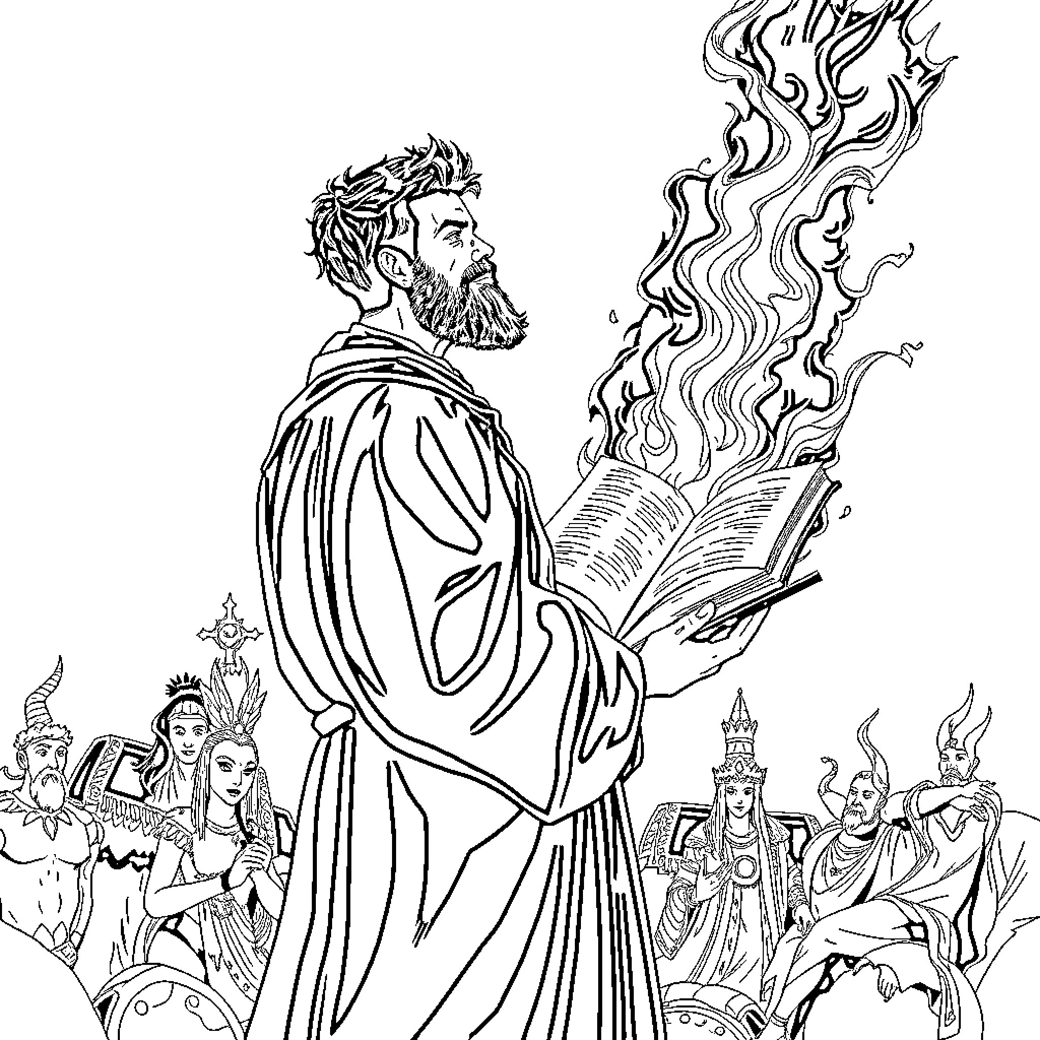 Book of Incantations and Enchanted Figures Coloring Page (free black-and-white line drawing printable PDF for all, from beginners to advanced learners, including children, teens, adults, and seniors)