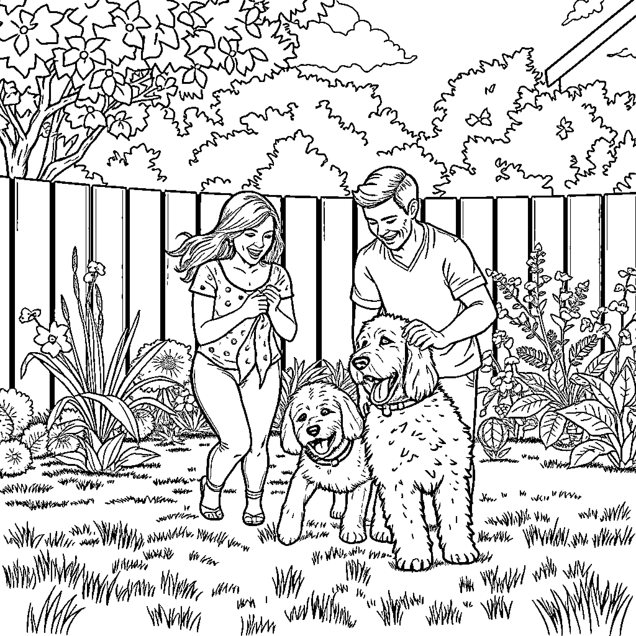 Family enjoying outdoor time with pet in the garden Coloring Page (free black-and-white line drawing printable PDF for all, from beginners to advanced learners, including children, teens, adults, and seniors)