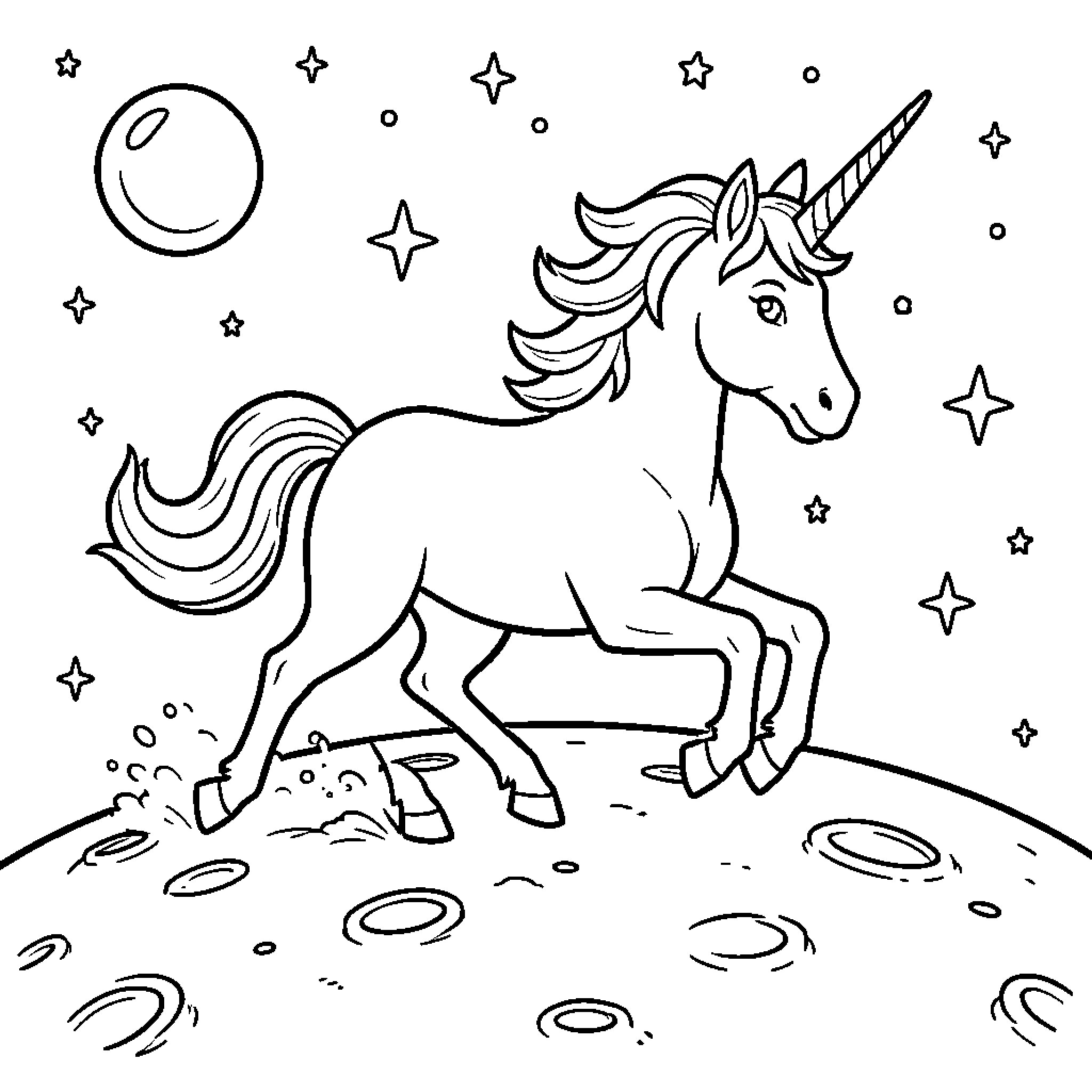 Unicorn galloping across a cratered moon under stars Coloring Page (free black-and-white line drawing printable PDF for all, from beginners to advanced learners, including children, teens, adults, and seniors)