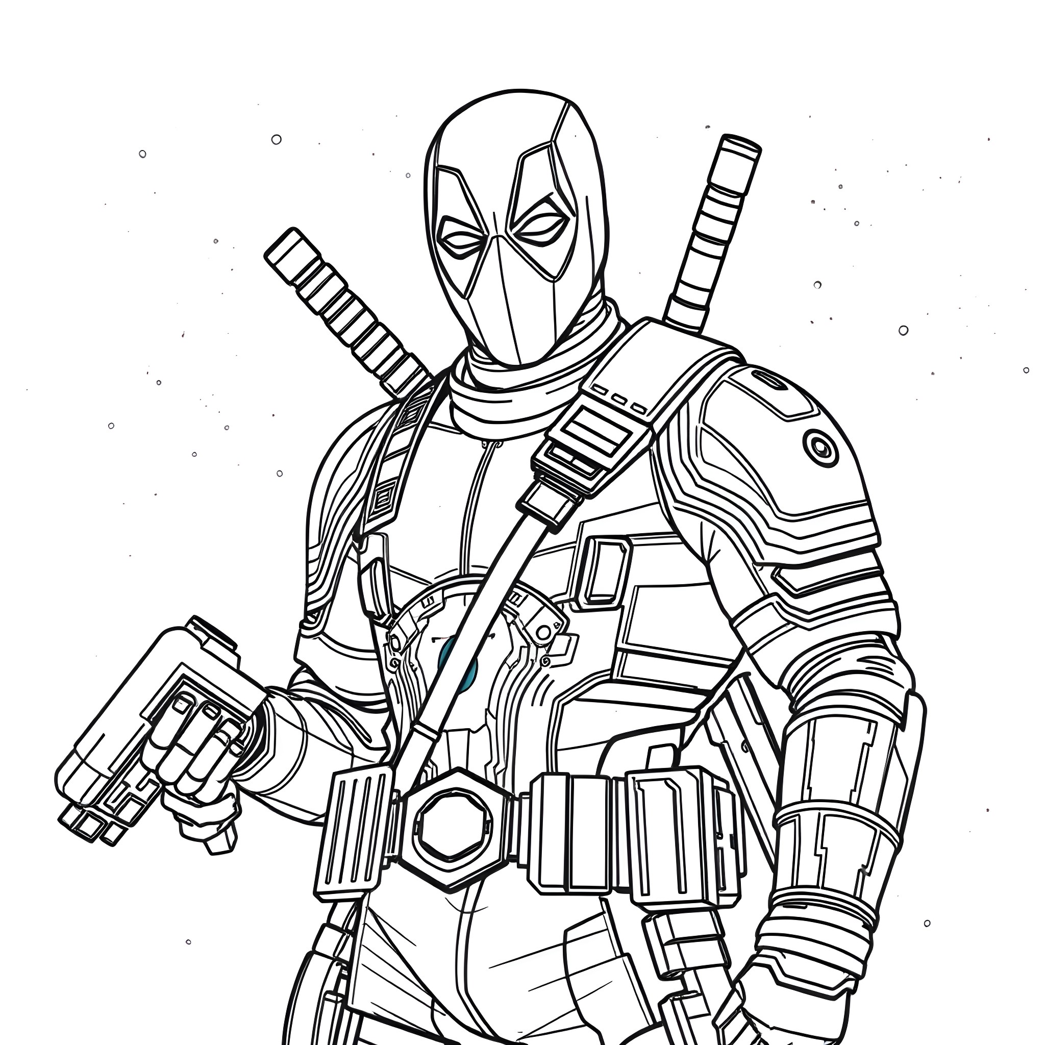 Deadpool in Tactical Gear Wielding Weapons Coloring Page (free black-and-white line drawing printable PDF for all, from beginners to advanced learners, including children, teens, adults, and seniors)