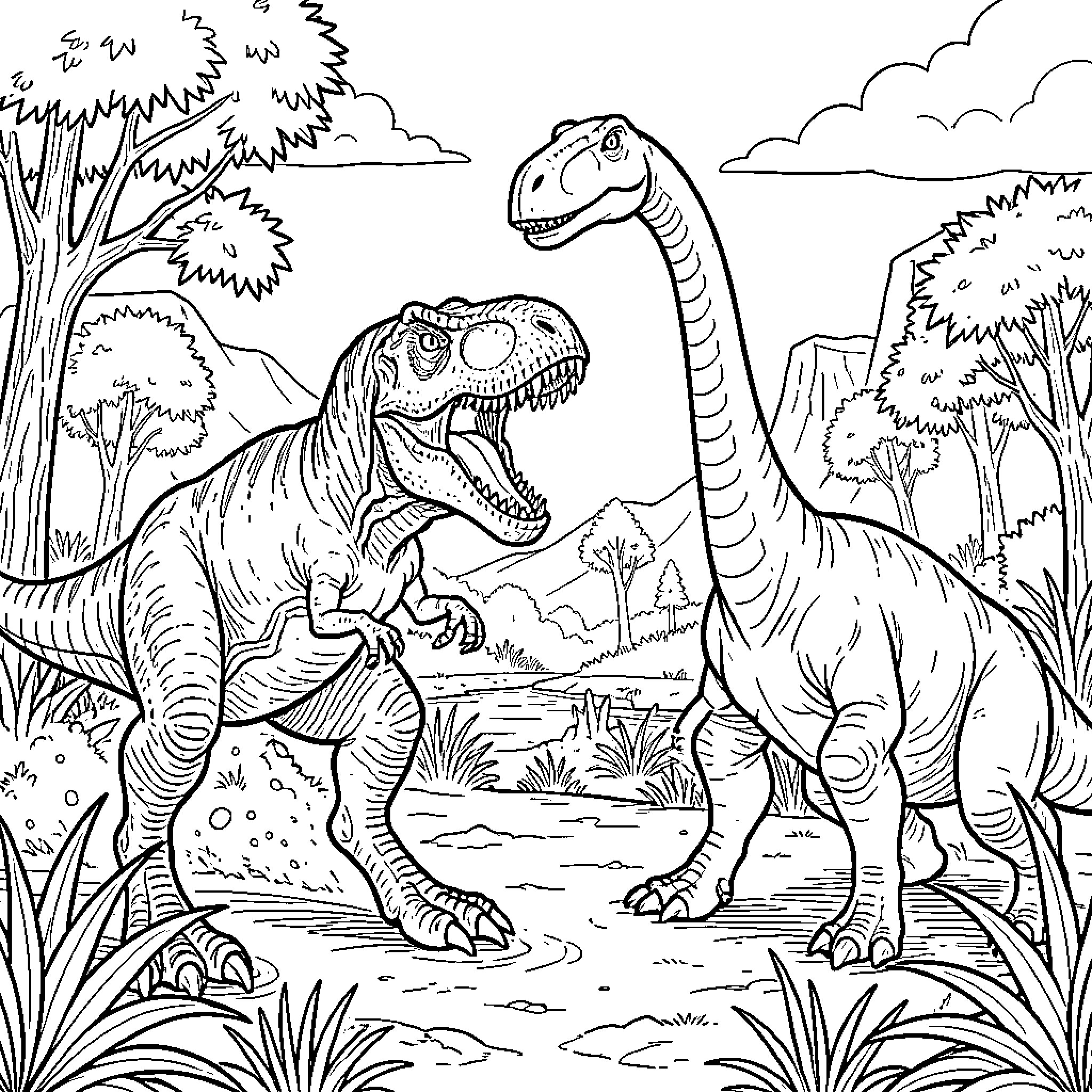 Dinosaur roaming through a lush prehistoric landscape Coloring Page (free black-and-white line drawing printable PDF for all, from beginners to advanced learners, including children, teens, adults, and seniors)