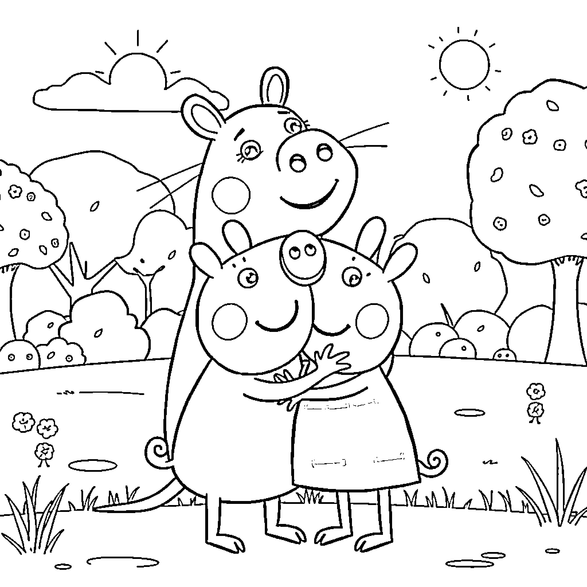 Capybara family enjoying a sunny day outdoors Coloring Page (free black-and-white line drawing printable PDF for all, from beginners to advanced learners, including children, teens, adults, and seniors)