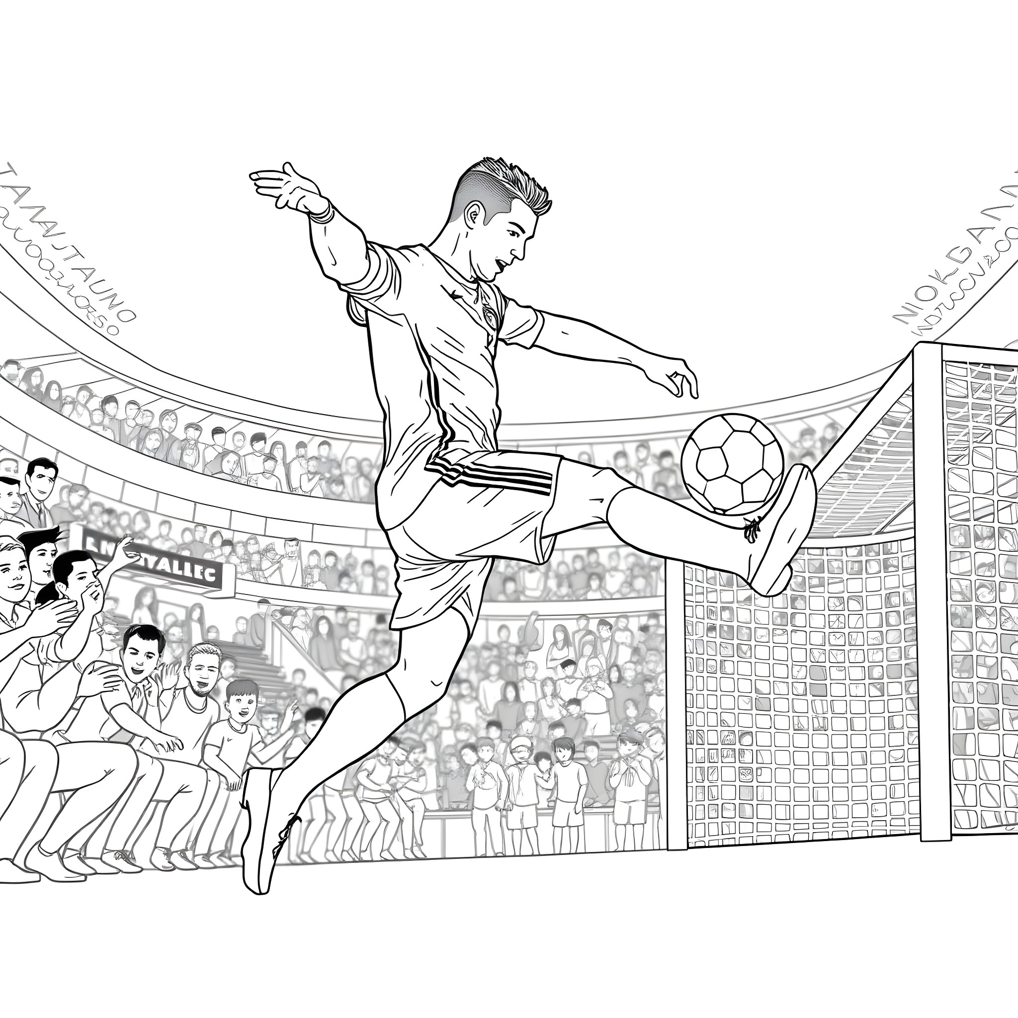 Ronaldo's Impressive Soccer Moves on the Field Coloring Page (free black-and-white line drawing printable PDF for all, from beginners to advanced learners, including children, teens, adults, and seniors)