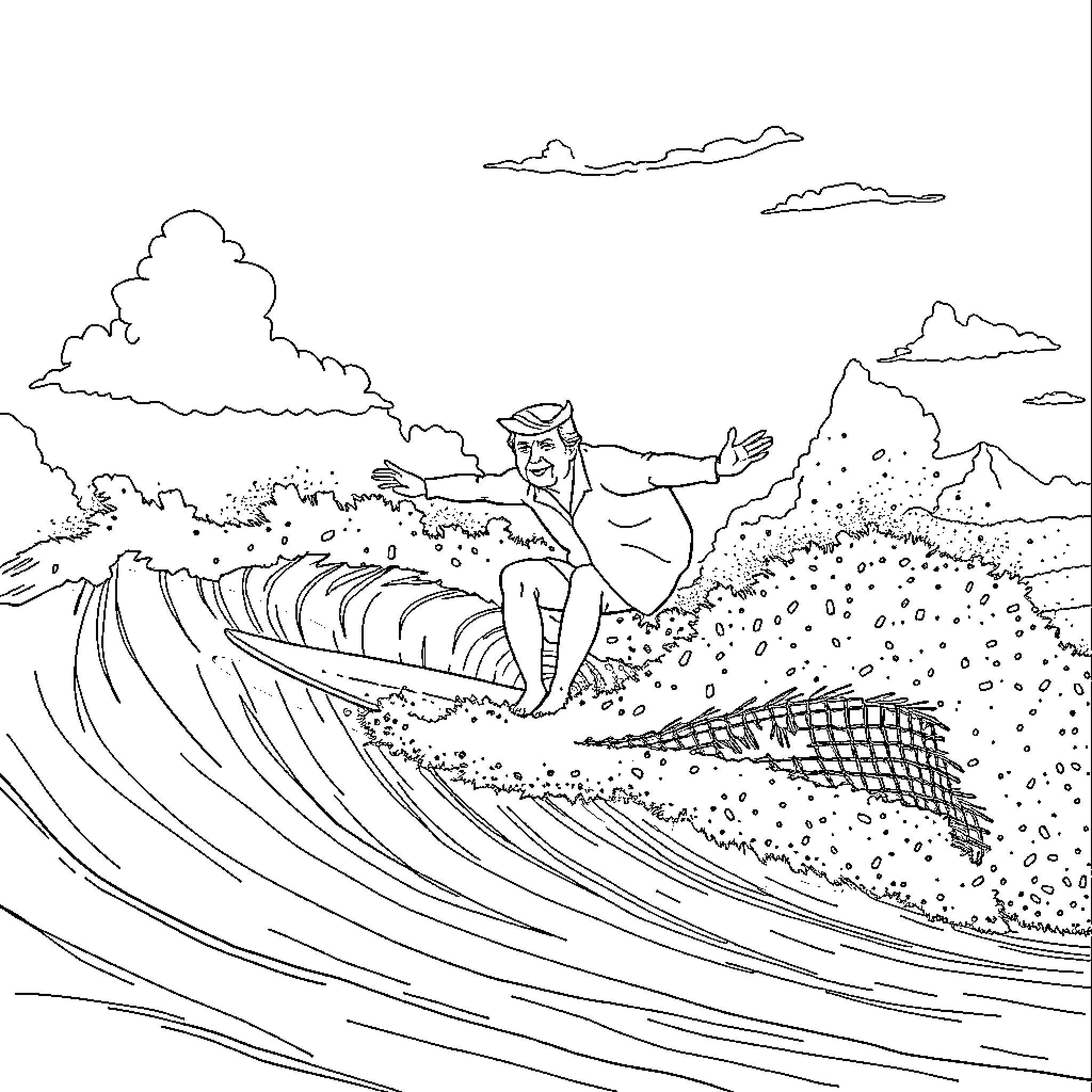Trump riding the wave of nature's forces Coloring Page (free black-and-white line drawing printable PDF for all, from beginners to advanced learners, including children, teens, adults, and seniors)