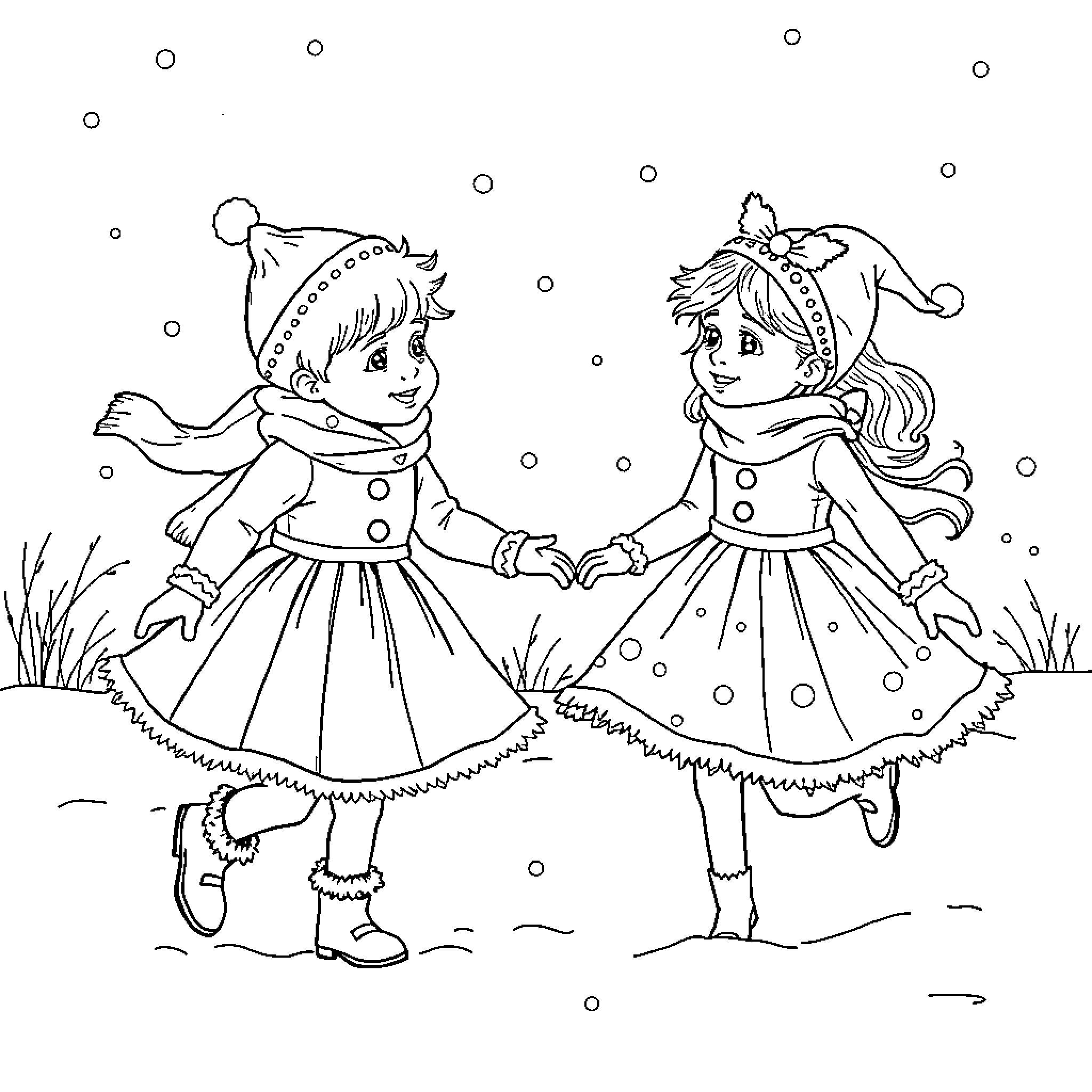 Hunter and friend play in the snow Coloring Page (free black-and-white line drawing printable PDF for all, from beginners to advanced learners, including children, teens, adults, and seniors)