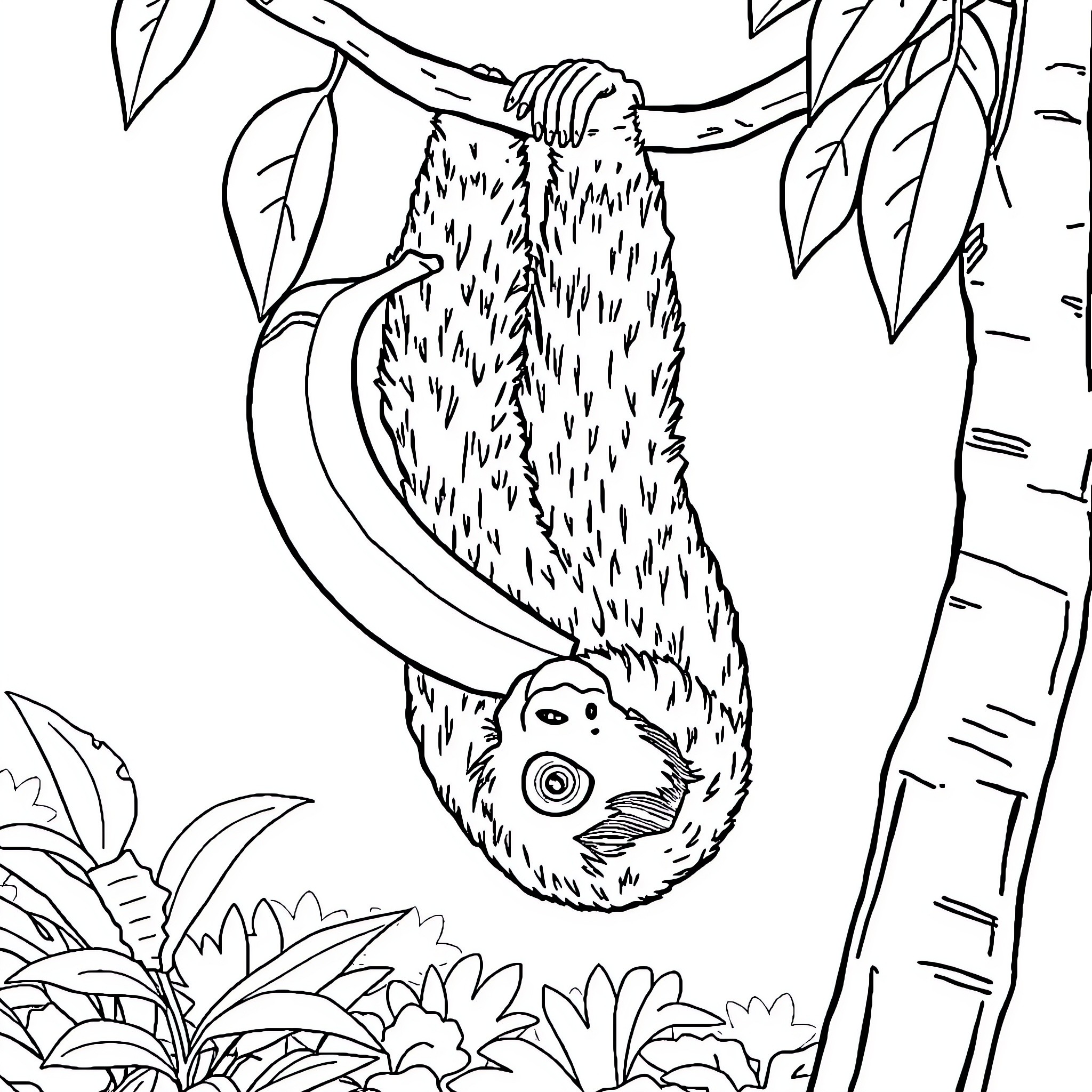 Sloth resting peacefully in the foliage Coloring Page (free black-and-white line drawing printable PDF for all, from beginners to advanced learners, including children, teens, adults, and seniors)