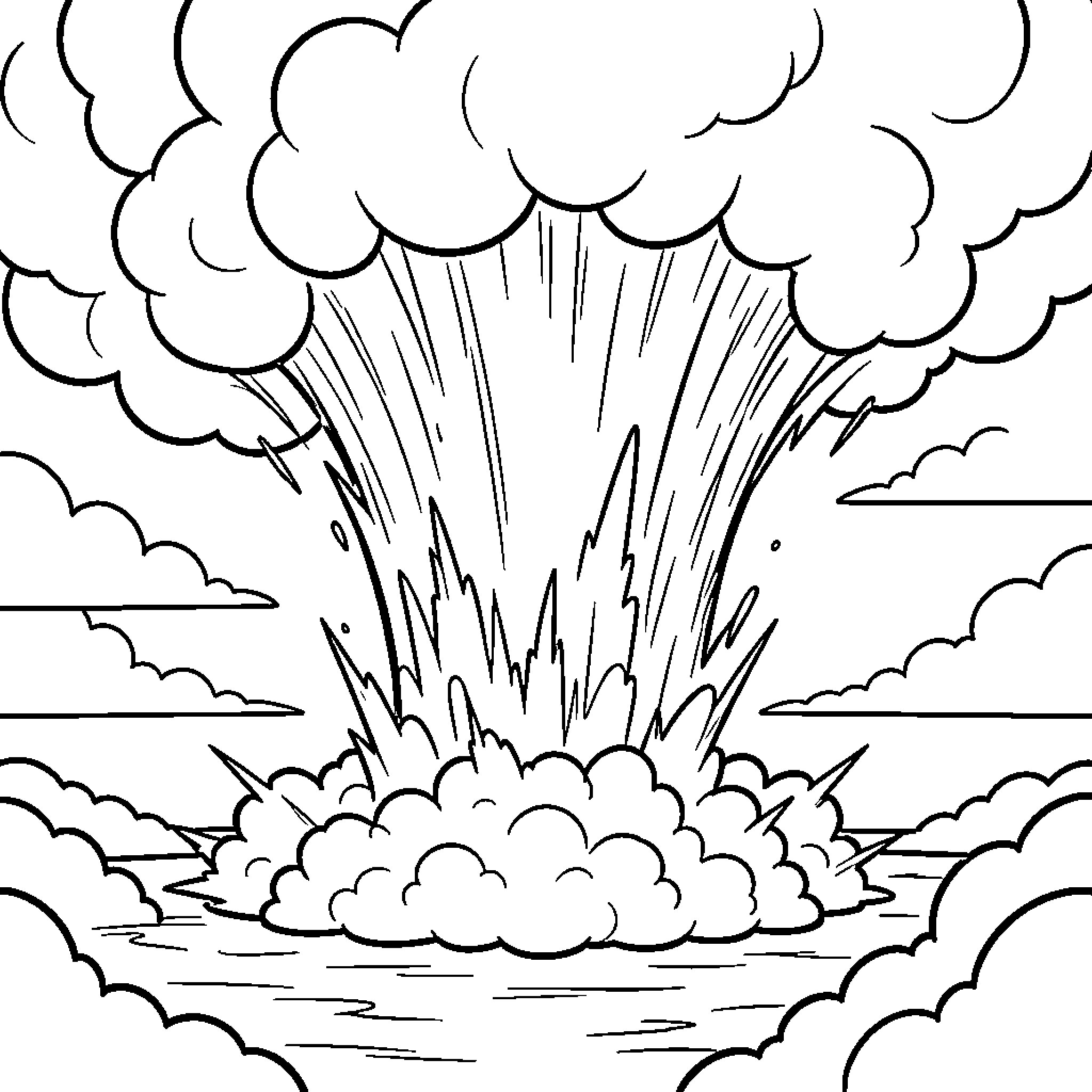 Sonic Boom explosion erupting amidst large clouds Coloring Page (free black-and-white line drawing printable PDF for all, from beginners to advanced learners, including children, teens, adults, and seniors)