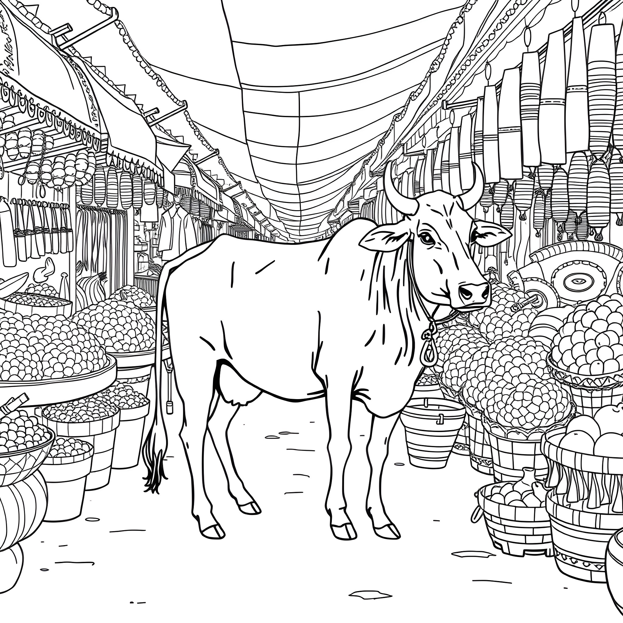 Cow strolling through a vibrant marketplace Coloring Page (free black-and-white line drawing printable PDF for all, from beginners to advanced learners, including children, teens, adults, and seniors)
