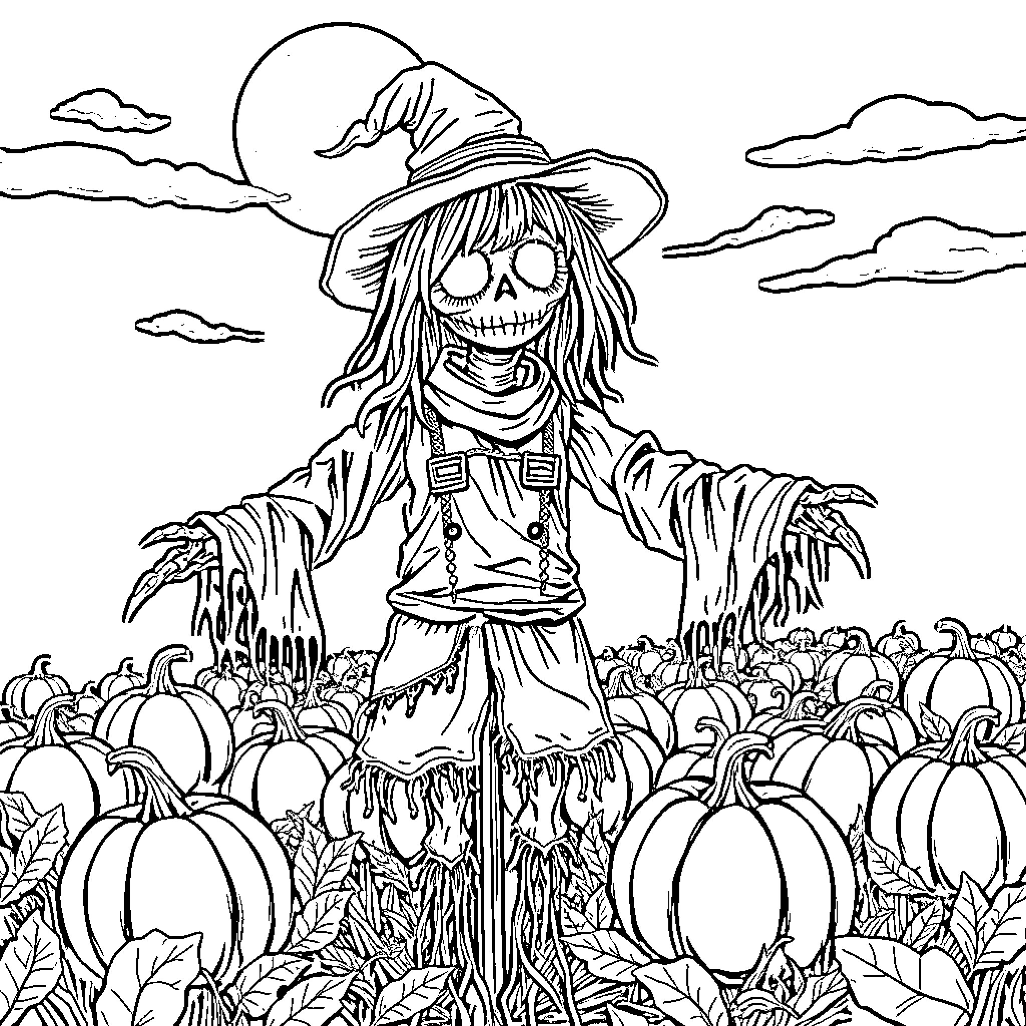 Scarecrow standing in the pumpkin patch Coloring Page (free black-and-white line drawing printable PDF for all, from beginners to advanced learners, including children, teens, adults, and seniors)