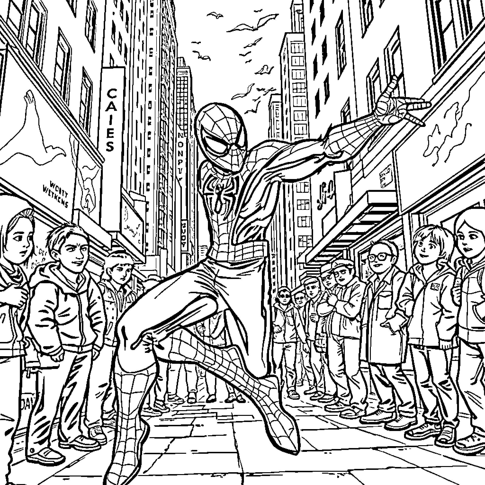 Spiderman swinging through a bustling city street Coloring Page (free black-and-white line drawing printable PDF for all, from beginners to advanced learners, including children, teens, adults, and seniors)