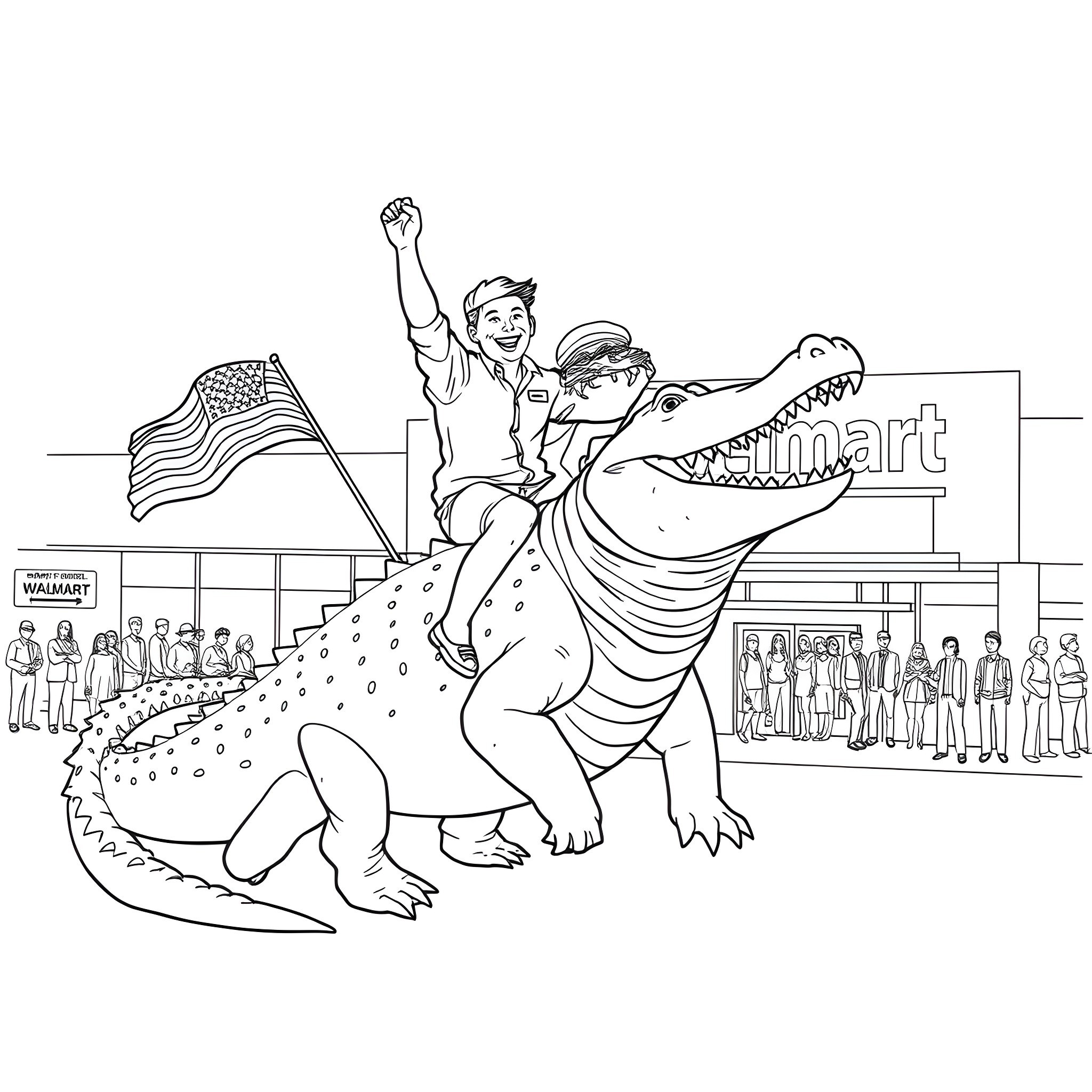 Man riding a giant alligator-like creature with American flag Coloring Page (free black-and-white line drawing printable PDF for all, from beginners to advanced learners, including children, teens, adults, and seniors)