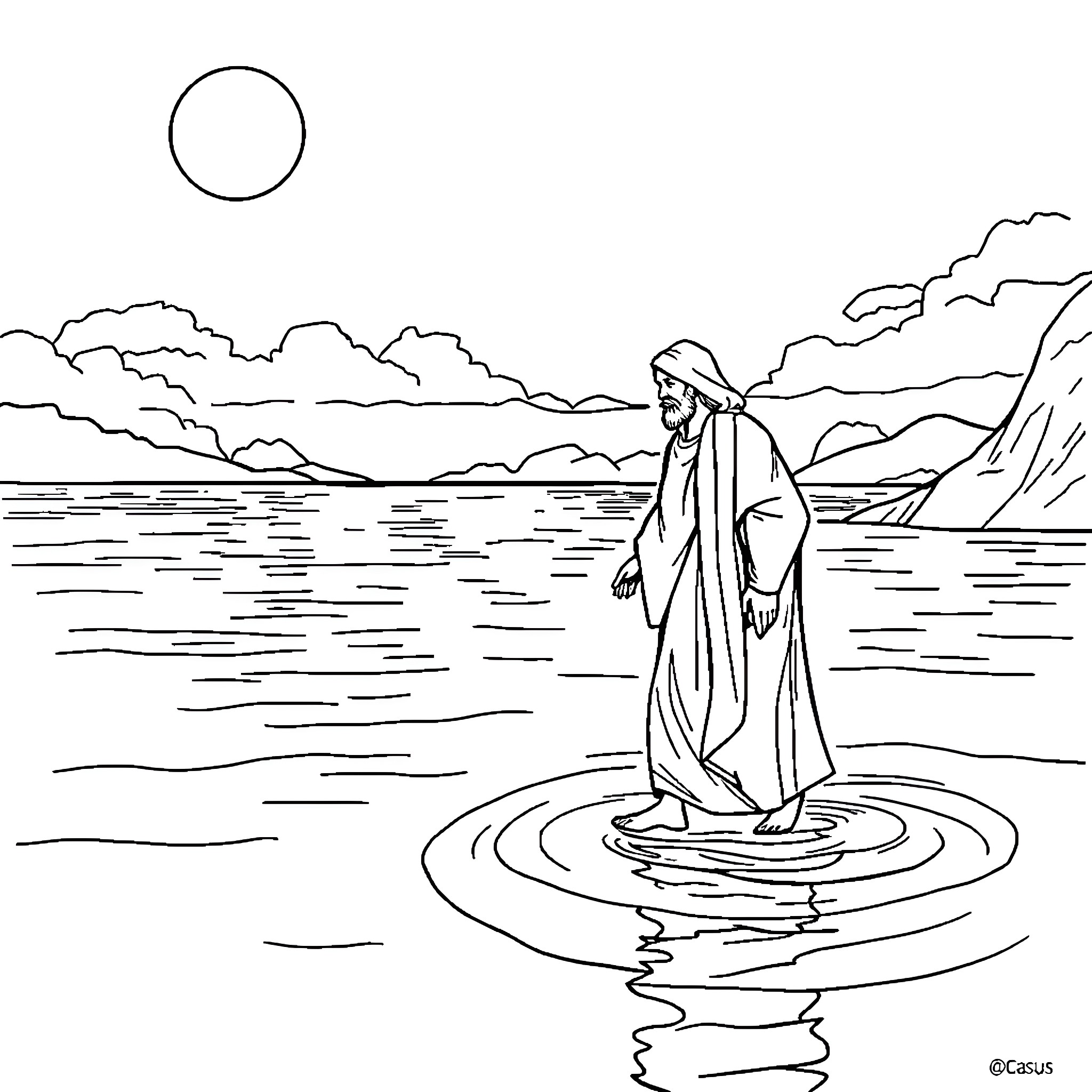 Peter walking on water in a serene landscape Coloring Page (free black-and-white line drawing printable PDF for all, from beginners to advanced learners, including children, teens, adults, and seniors)