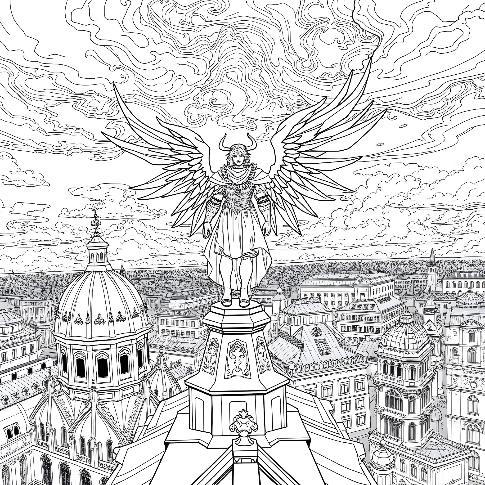Raziel, the Angelic Guardian over the City Coloring Page (free black-and-white line drawing printable PDF for all, from beginners to advanced learners, including children, teens, adults, and seniors)