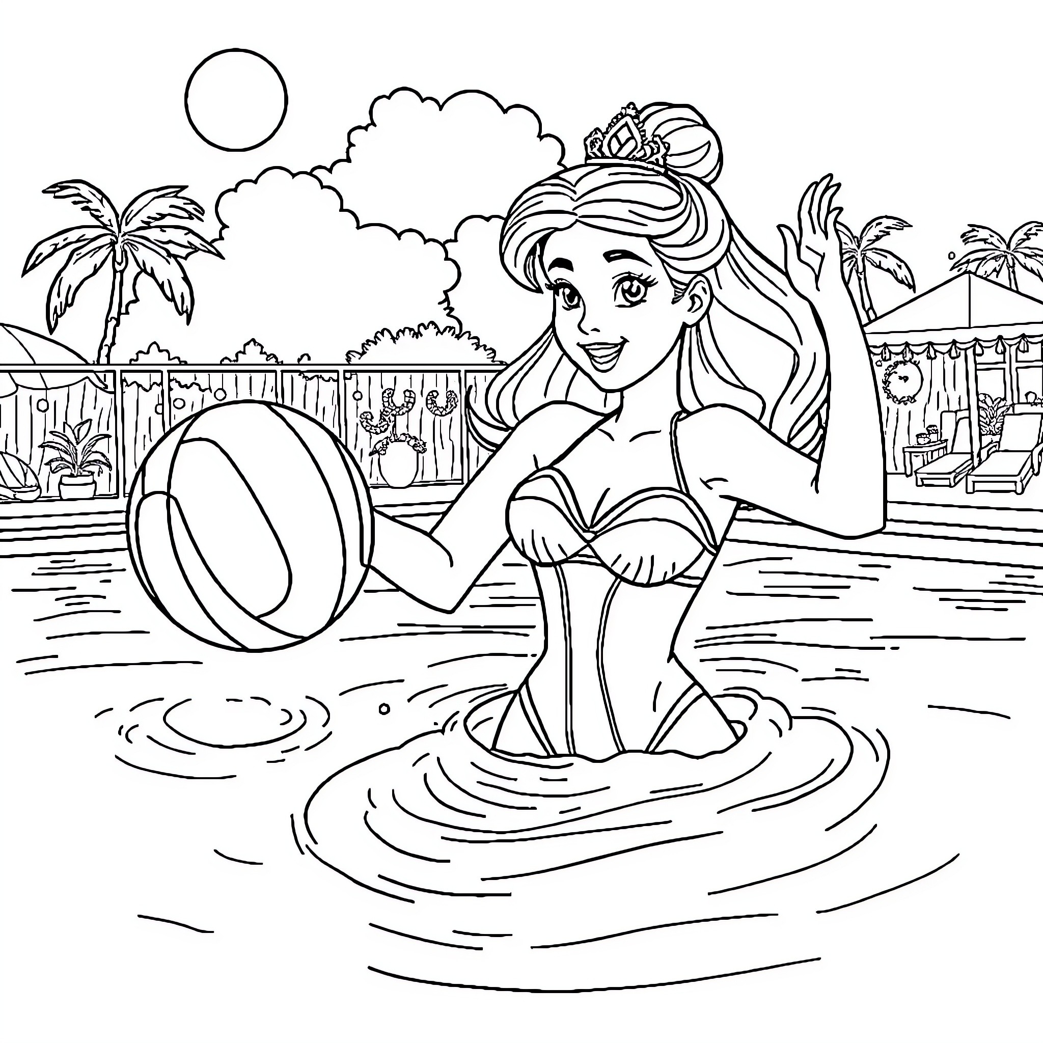 Princess enjoying a day at the beach Coloring Page (free black-and-white line drawing printable PDF for all, from beginners to advanced learners, including children, teens, adults, and seniors)