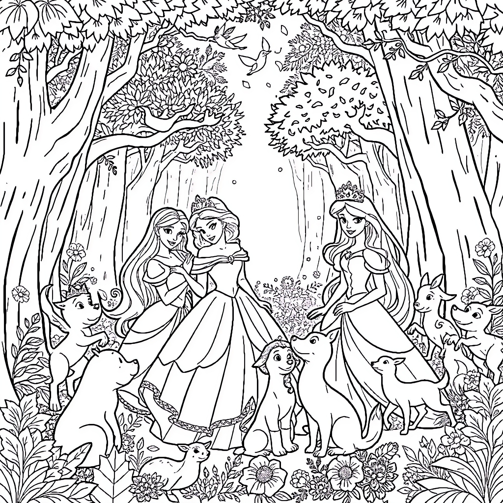 Princess and friends explore magical forest Coloring Page (free black-and-white line drawing printable PDF for all, from beginners to advanced learners, including children, teens, adults, and seniors)